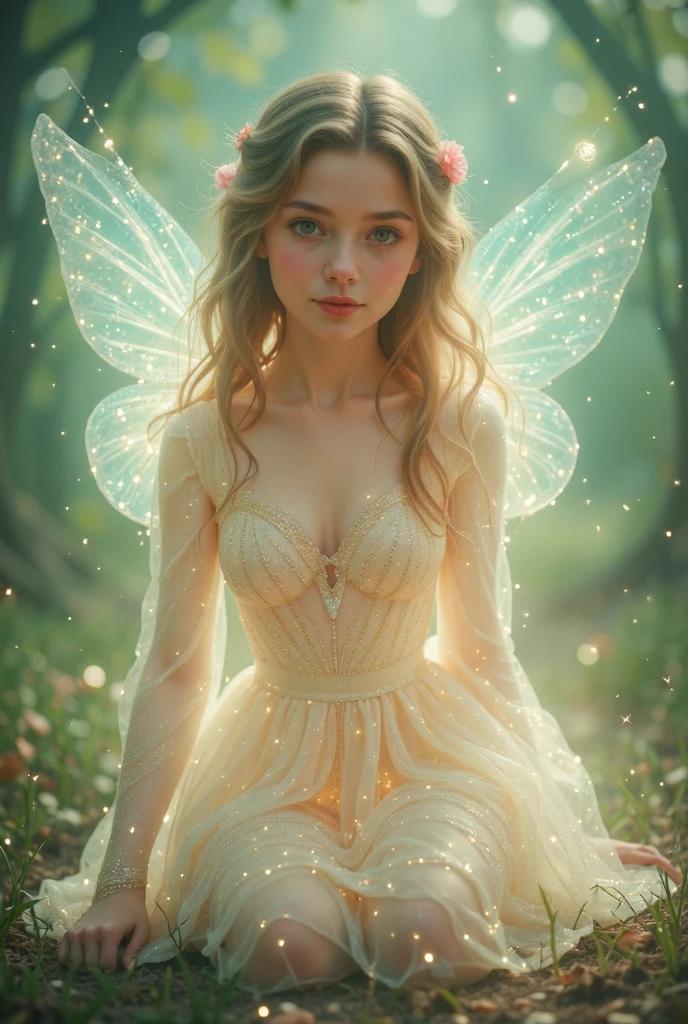  A detailed fairy girl with delicate wings ,   transparent wings that rest gracefully on the ground  . She has a lot of time,  wavy hair,   and its ethereal beauty is enhanced by soft  , bright light.   The background presents a magical forest with twinkling lights and foliage.. The fairy wears a brilliant  ,  semi-transparent dress,  creating a mystical and enchanting atmosphere . The overall scene is serene and otherworldly ,   that capture the enchanting essence of a fairy in a magical forest  ,  realistic , photo realistic ,  RAW photo,