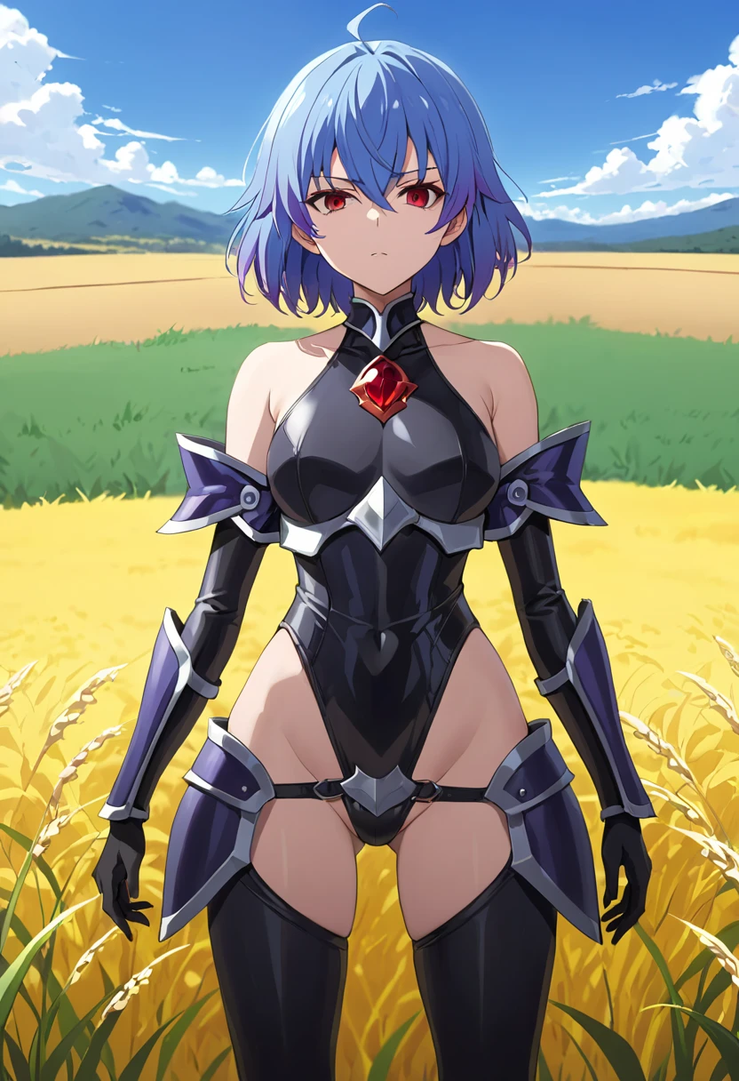 masterpiece,  top quality ,  standing, Evil Villain, Ruthiragnason,  blue hair,  red eyes,  short hair,  Black Armor, 邪悪な鎧, Bare shoulders,  black bodysuit,  Field's girlfriend's   