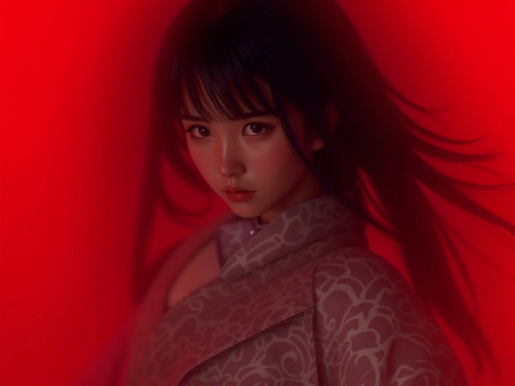   Close-up from waist to head:
  A beautiful young Korean woman .
 black hair, seeds, Foot-length , bangs covering the forehead.
 Medium and pointed breasts . 
 fine winding.
Dressed in a modern samurai outfit, with cloud print .
in battle pose.
profile view.
 full body.
 simple background , matte, red in color.
(anime style 32K, 3d, HDR, UHD, intricate detail, extremely intricate detail, hyperrealistic, extremely realistic, high quality,    vivid color   , extremely detailed).