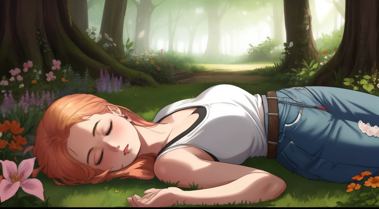 "A wide-angle, top-down view of a young woman peacefully sleeping in the middle of a lush and vibrant flower garden surrounded by numerous tall, leafy trees. The garden bursts with colors—pinks, purples, yellows, and whites—that stretch endlessly, creating a magical and serene atmosphere. The woman lies relaxed in the center, her blonde-red hair tied back, dressed in a pink tank top, long denim jeans, and white sneakers, with a plaid flannel shirt tied casually around her waist. Sunlight filters through the dense tree canopy, casting dappled light and soft shadows across the flowers and her tranquil figure. The expansive view captures the harmony of the enchanting garden and the peaceful shelter of the surrounding forest, evoking a sense of wonder and calm."