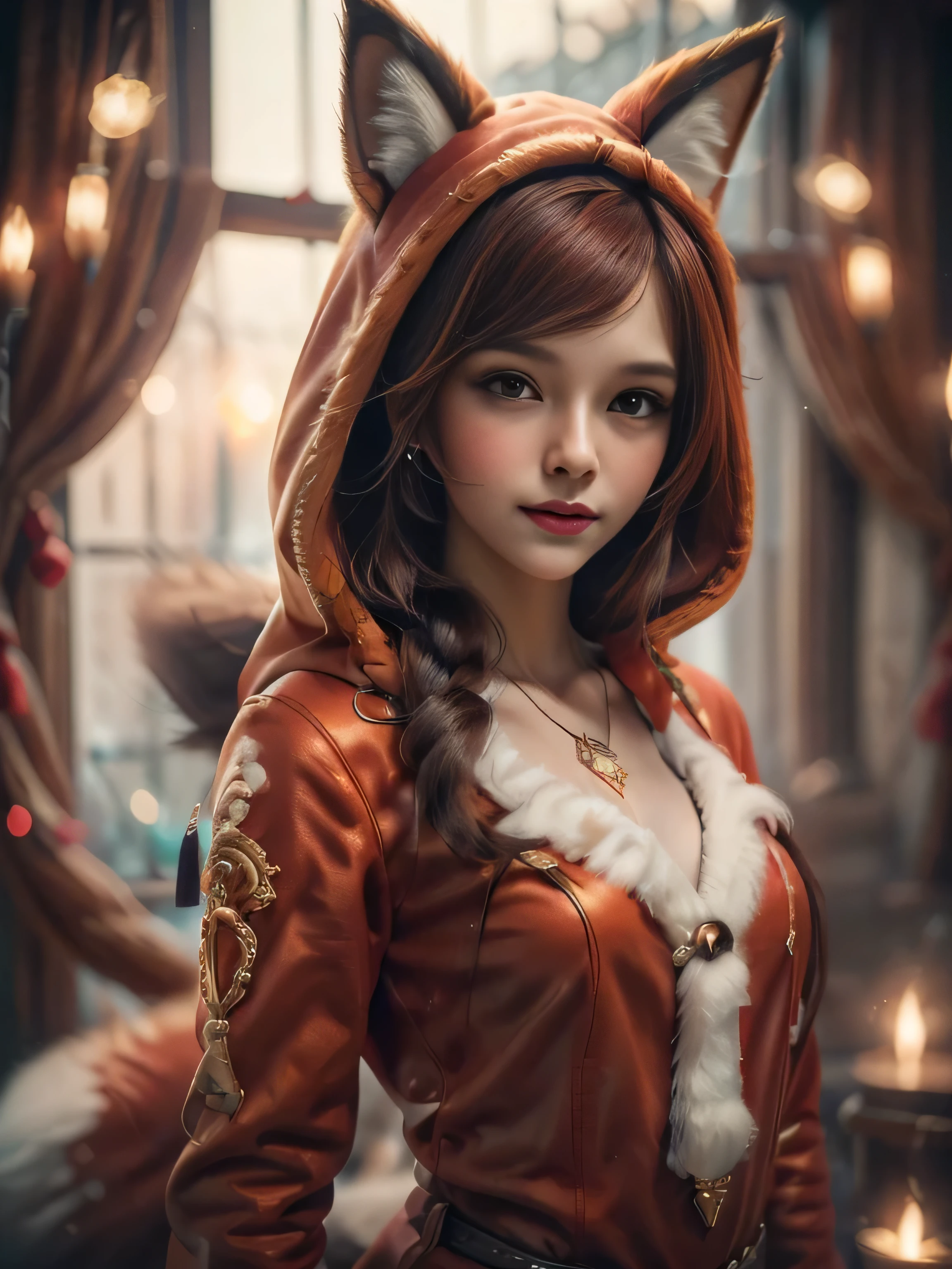 (Best Quality, Super Detail, Masterpiece, Representative Work, Official Art, Professional, Super Fine Detail, 8k:1.3), (Full Body) a doll with red hair and a fox ears, portrait of a goth foxgirl, dollpunk, artdoll, [ trending on cgsociety ]!!, beautiful young foxgirl, wlop loish and clamp style, cgsociety ), cgsociety - w 1 0 2 4 - n 8 - i, cgsociety 9, bjd, cgsociety, Cute girly face, red hair, ((brown)) eyes, 1 girl 25 years old, fox costume, hood, fox tail, furry, girl in furry costume, Vivid colors, Red hair, Innocent expression, Playful features, Christmas background, Natural Lighting, Soft background, Photorealistic, Sparkling eyes, Sharp focus, Glowing skin, Cute and mischievous look, Hint of mischief, Dreamy atmosphere, Delicate details, Soft ambient light, (Backlight:1.3), (Cinematic:1.2), Intricate details, (ArtStation:1.3)