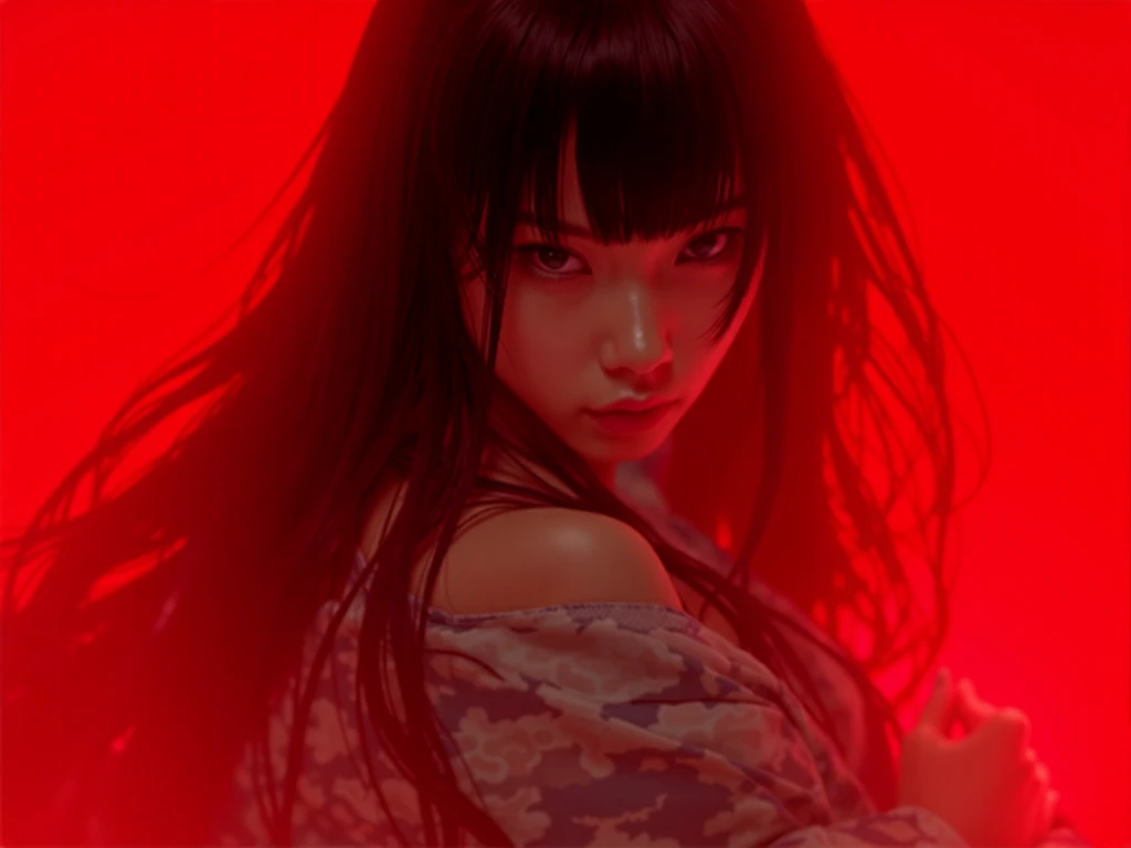   Close-up from waist to head:
  A beautiful young Korean woman .
 black hair, seeds, Foot-length , bangs covering the forehead.
 Medium and pointed breasts . 
 fine winding.
Dressed in a modern samurai outfit, with cloud print .
in battle pose.
profile view.
 full body.
 simple background , matte, red in color.
(anime style 32K, 3d, HDR, UHD, intricate detail, extremely intricate detail, hyperrealistic, extremely realistic, high quality,    vivid color   , extremely detailed).