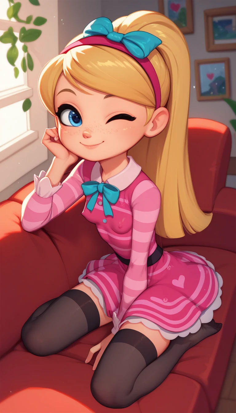 1girl, full body, solo, young girl, 9- ********, penny peterson, long hair, blue eyes, freckles, blonde hair, skirt, hairband, cyan ribbon, ponytail, black sexy stockings, flirty hips, dress, pink dress, long sleeves, no shoes, score_9, score_8_up, score_7_up, score_6_up, score_5_up, sitting, sofa, leaning forward, indoors, smile, cute smile, closed mouth, heart-warming, one eye closed, looking at viewer, soft lighting, small breasts, erect nipple bulge
