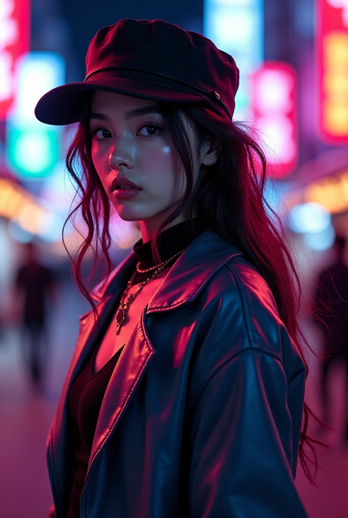 A girl wearing fancy street wear, tokyo,neon light, centered| intricate| highly detailed| breathtaking beauty| precise lineart| vibrant| comprehensive cinematic| Carne Griffiths| Conrad Roset, 8k, oil painting, cinematic lighting, best quality, highres, dynamic pose