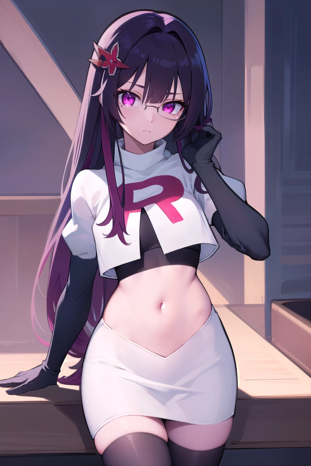 kanaotsuyuri, kanao tsuyuri, black hair, butterfly, butterfly hair ornament, (purple eyes:1.1), side ponytail, ponytail,
BREAK team rocket,team rocket uniform, red letter R, white skirt,white crop top,black thigh-highs,black elbow gloves
BREAK looking at viewer,
BREAK (masterpiece:1.2), best quality, high resolution, unity 8k wallpaper, (illustration:0.8), (beautiful detailed eyes:1.6), extremely detailed face, perfect lighting, extremely detailed CG, (perfect hands, perfect anatomy),