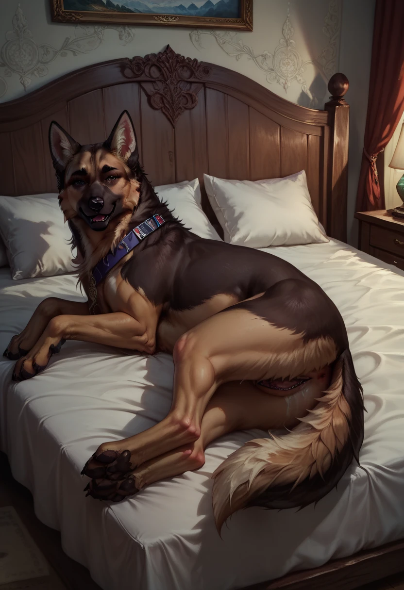 a big werewolf monster lies on the bed, night, Light from the window, black fur, lying on the bed, (relaxed:1.1,lying on your back), side view, beard, realistic lighting, high quality, very detailed, photorealistic fur, super detailed, high detail, fluffy balls, smiling, penis sheath, fluffy shell, tip of penis