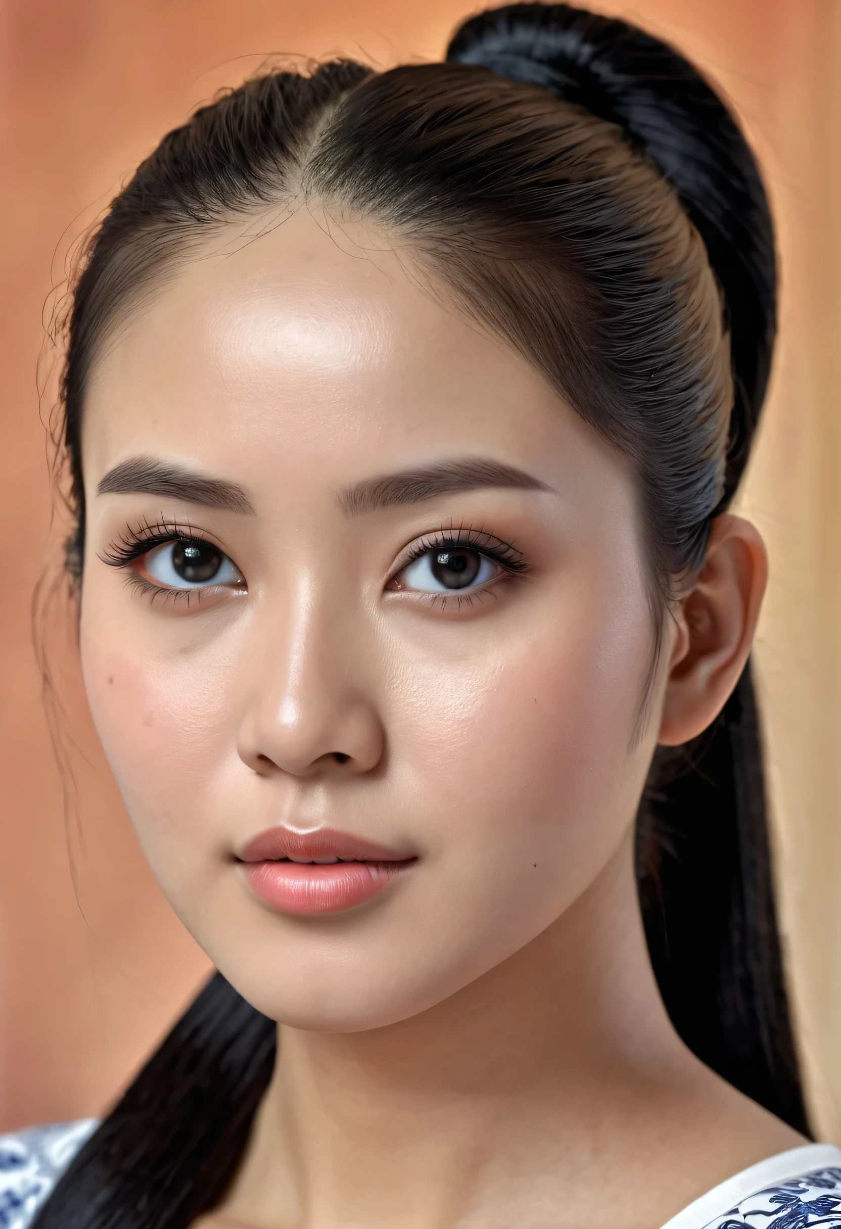 a beautiful indonesian women with realistic portrait face, indonesian woman, indonesian etnic, young age, perfect flat-nose, chubby face, no makeup, natural face no makeup, perfect detailed face, exotic porcelain white skin, black eyed, long black hair in ponytail, detailed hair, ultra-detailed, 8k, HDR, hyper realistic