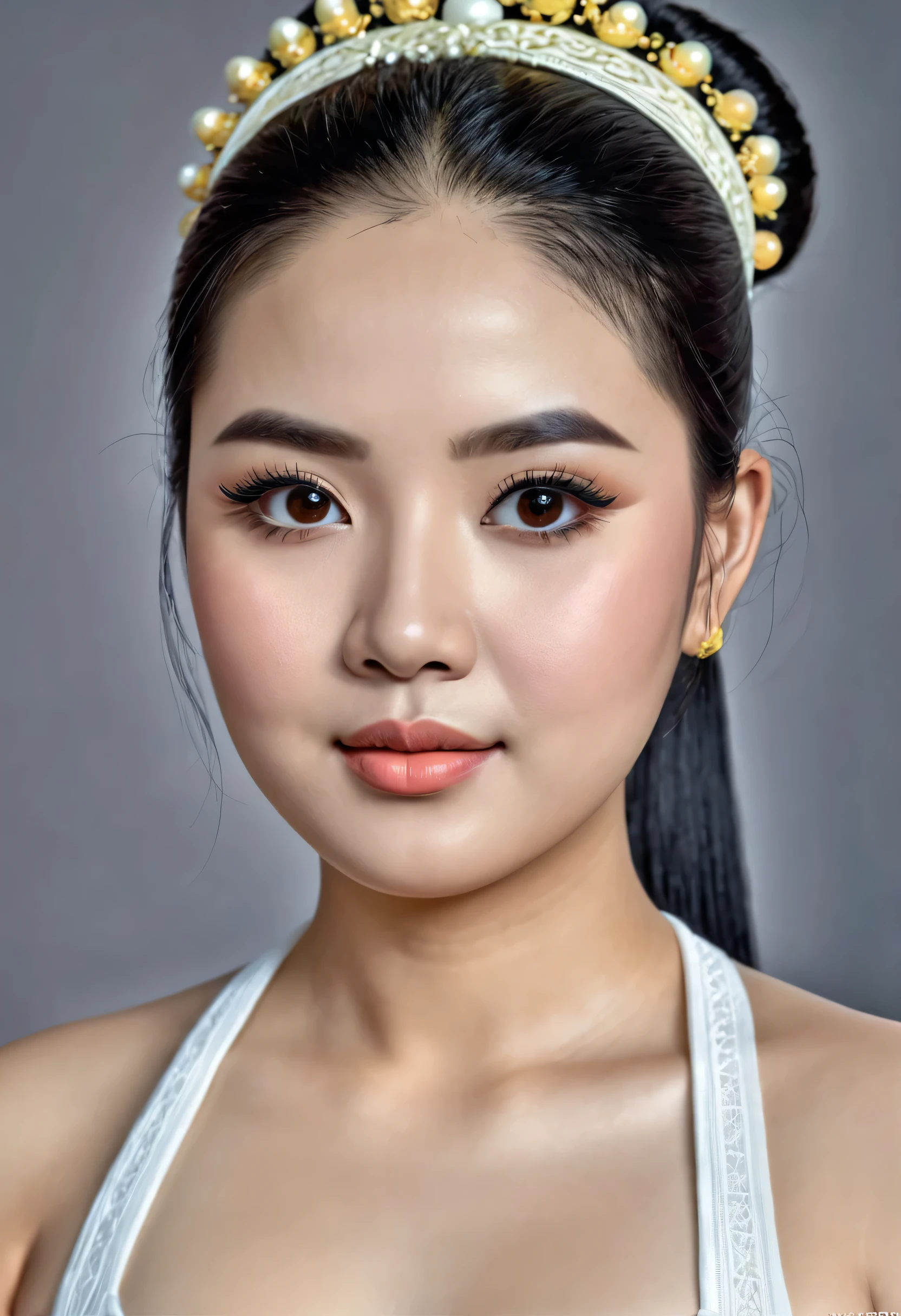 a beautiful indonesian women with realistic portrait face, indonesian woman, indonesian etnic, young age, perfect flat-nose, chubby face, perfect detailed face, exotic porcelain white skin, black eyed, long black hair in ponytail, detailed hair, ultra-detailed, 8k, HDR, hyper realistic