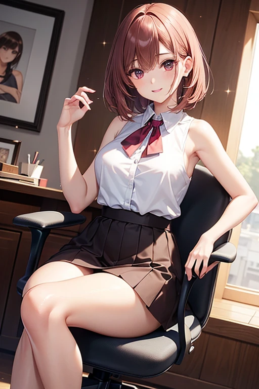 anegasaki nene、 shiny maroon hair,  short hair, ( brown pretty eyes 、 sparkling eyes , Fine grain)、smile、 super detailed eyes、 very detailed face,  very detailed eyes,cowboy shot、



(masterpiece,   top quality ,  high image quality, 8k,    High Definition   ), Big Office,  young woman sitting on chair ,  beautiful faces,  beautiful pink lips,   beautiful brown eyes ,  Anatomically beautiful body , Light chestnut long hair,   beautiful legs, Low heels, Office split , sleeveless blouse and skirt, Angle from the horizon ,   detailed illustration art  ,    digital art   , 