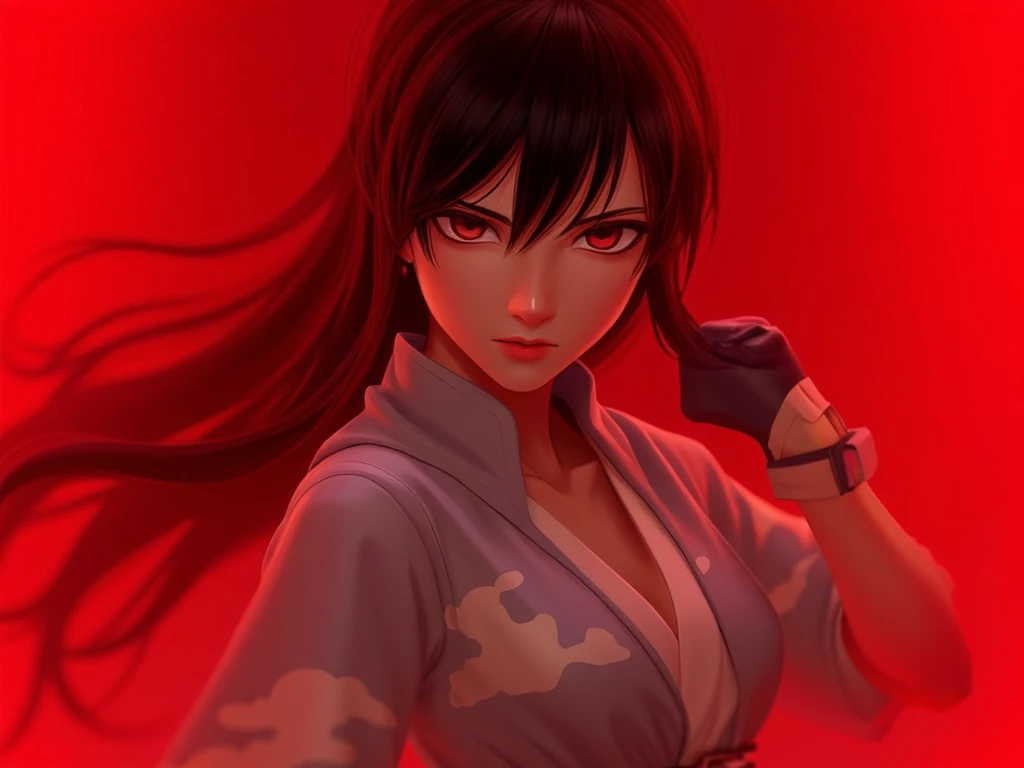   Close-up from waist to head:
  A beautiful young Korean woman .
 black hair, seeds, Foot-length , bangs covering the forehead.
 Medium and pointed breasts . 
 fine winding.
Dressed in a modern samurai outfit, with cloud print .
in battle pose.
profile view.
 full body.
Efeito profundidade. 
 simple background, red in color.
(anime style 32K, 3d, HDR, UHD, intricate detail, extremely intricate detail, hyperrealistic, extremely realistic, high quality,    vivid color   , extremely detailed).