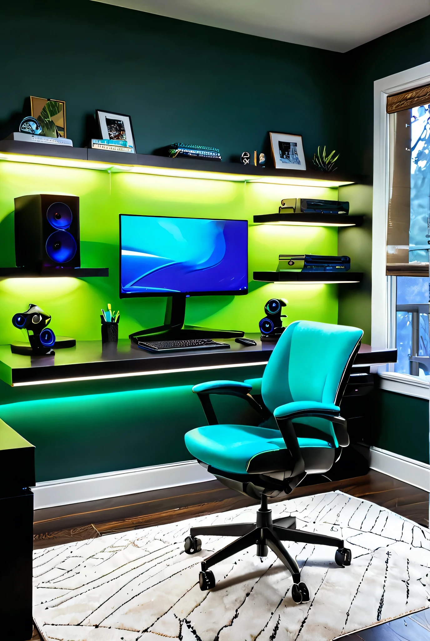 A photo featuring a sleek, minimalist desk with dual curved monitors, ambient LED lighting in customizable green and blue hues, an ergonomic gaming chair with lumbar support, wall-mounted shelves displaying collectible figurines, a large window with blackout curtains, hardwood flooring with a plush area rug, and ambient natural and soft artificial lighting creating a balanced and immersive environment.