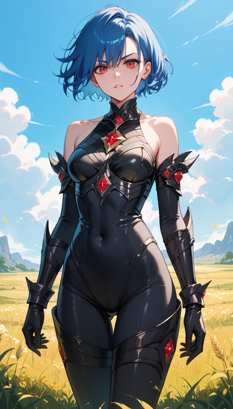 masterpiece,  top quality ,  standing, Evil Villain, Ruthiragnason,  blue hair,  red eyes,  short hair,  Black Armor, 邪悪な鎧, Bare shoulders,  black bodysuit,  Field's girlfriend's   