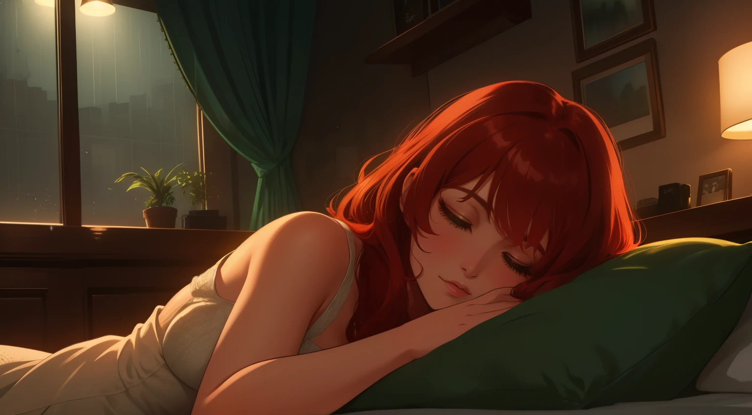 "A cozy and cinematic bedroom with a dark, rainy atmosphere. The room is illuminated by moody neon lights in shades of deep purple and soft green, casting a mysterious and calming glow on the walls. A woman with short auburn red hair is lying on her back on the bed, her head resting comfortably on a soft pillow. Her eyes are gently closed, her expression serene as she relaxes. Outside the large glass window, heavy rain pours down, with water droplets streaming across the glass, enhancing the tranquil ambiance. She is dressed in casual, comfortable clothing, blending seamlessly with the peaceful and cinematic mood. A vintage classic TV is playing static or an old movie, adding a nostalgic touch to the dimly lit room."