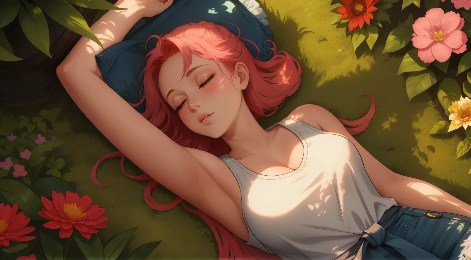 "A wide-angle, top-down view of a young woman peacefully sleeping in the middle of a lush and vibrant flower garden surrounded by numerous tall, leafy trees. The garden bursts with colors—pinks, purples, yellows, and whites—that stretch endlessly, creating a magical and serene atmosphere. The woman lies relaxed in the center, her blonde-red hair tied back, dressed in a pink tank top, long denim jeans, and white sneakers, with a plaid flannel shirt tied casually around her waist. Sunlight filters through the dense tree canopy, casting dappled light and soft shadows across the flowers and her tranquil figure. The expansive view captures the harmony of the enchanting garden and the peaceful shelter of the surrounding forest, evoking a sense of wonder and calm."