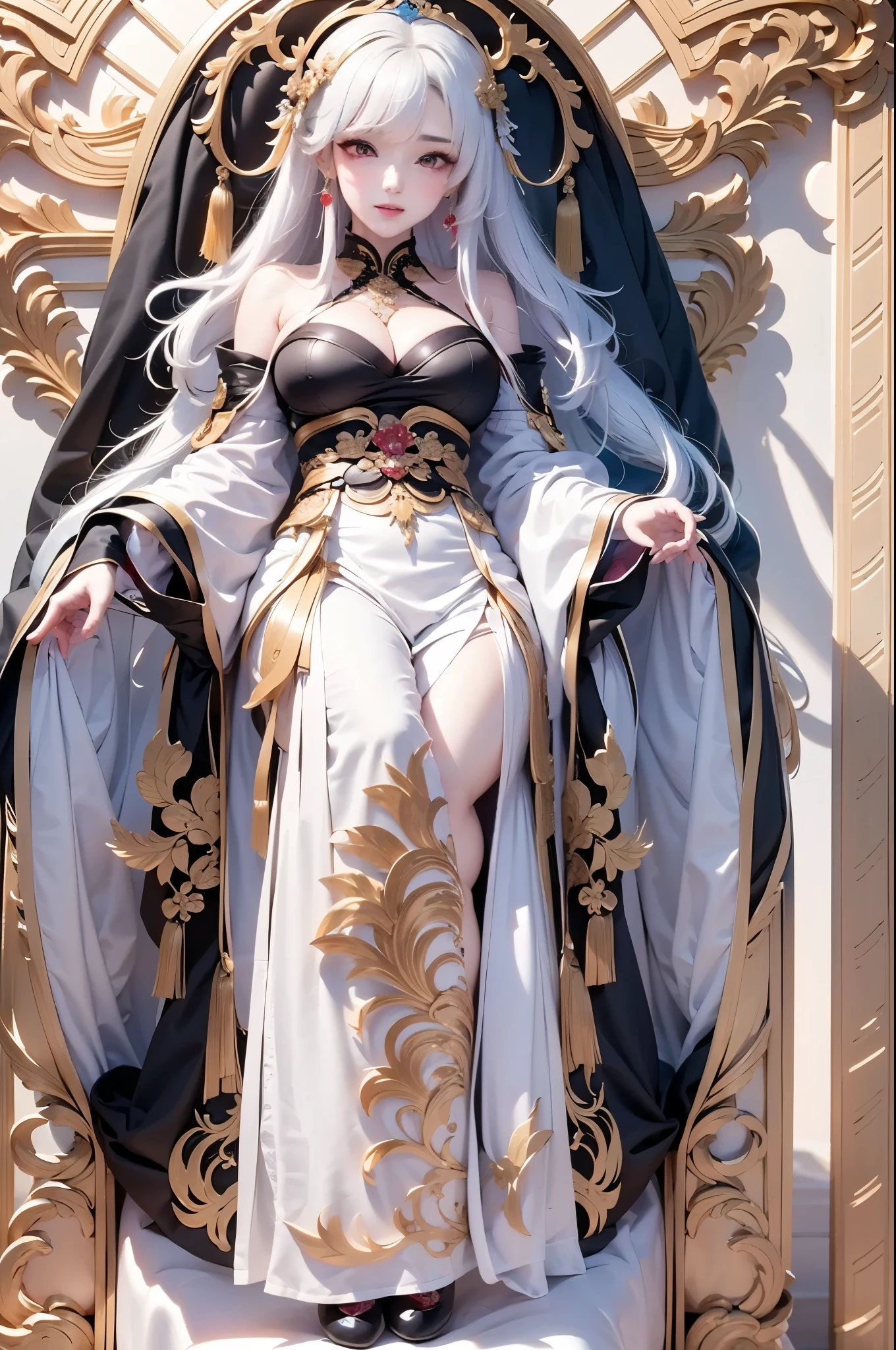 full body image:1.5, super high quality, masterpiece, Perfect illustration, Very detailed:1.6,　white barance, 1girl, 23 years old, cute girl, white hair, sharp and big beautiful eyes, medium breasts, bright skin. fantasy royalty, onmyoji, majesty, asian dress. black and gold clothes. simple background, white background, white dust. hanbok、Chinese royal clothing,
