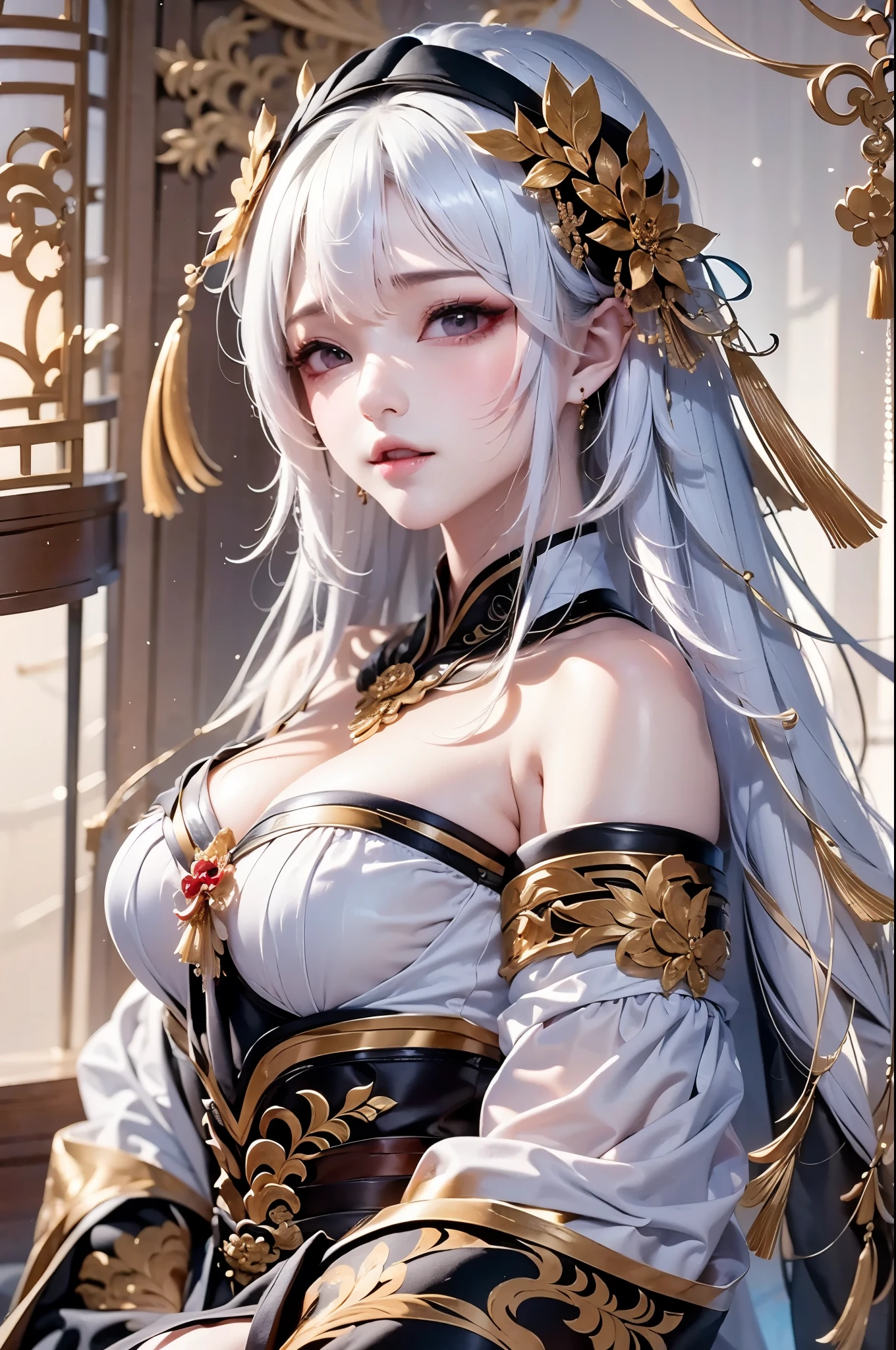 full body image:1.5, super high quality, masterpiece, Perfect illustration, Very detailed:1.6,　white barance, 1girl, 23 years old, cute girl, white hair, sharp and big beautiful eyes, medium breasts, bright skin. fantasy royalty, onmyoji, majesty, asian dress. black and gold clothes. simple background, white background, white dust. hanbok、Chinese royal clothing,
