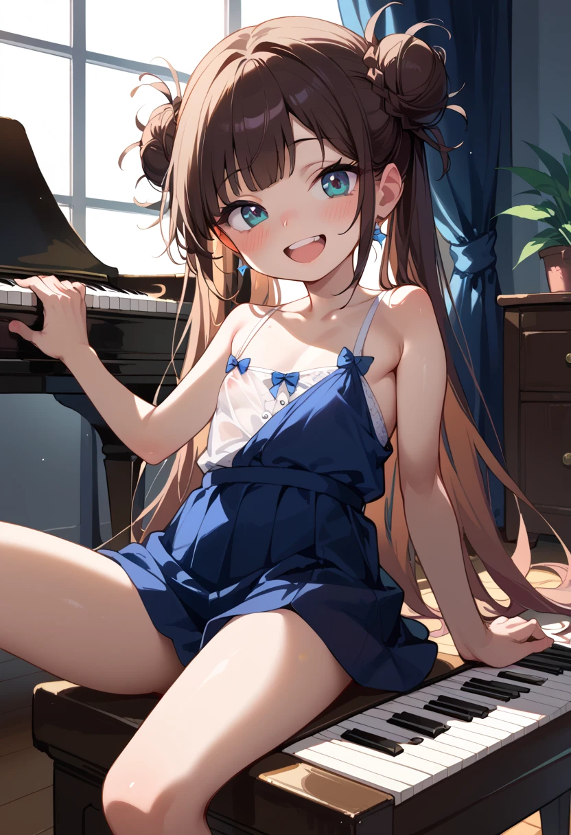 (( top quality )), ((masterpiece)), (be familiar with), perfect face, indoor, bedroom, Watching viewers,
One woman, I was,
 open mouth,  ecstatic expression beside the piano, blush, smile,
 small tits,  flat chest, Young girl, Lori,  s,  girl,
 long hair,  twin bun hair ,
Leg spread,