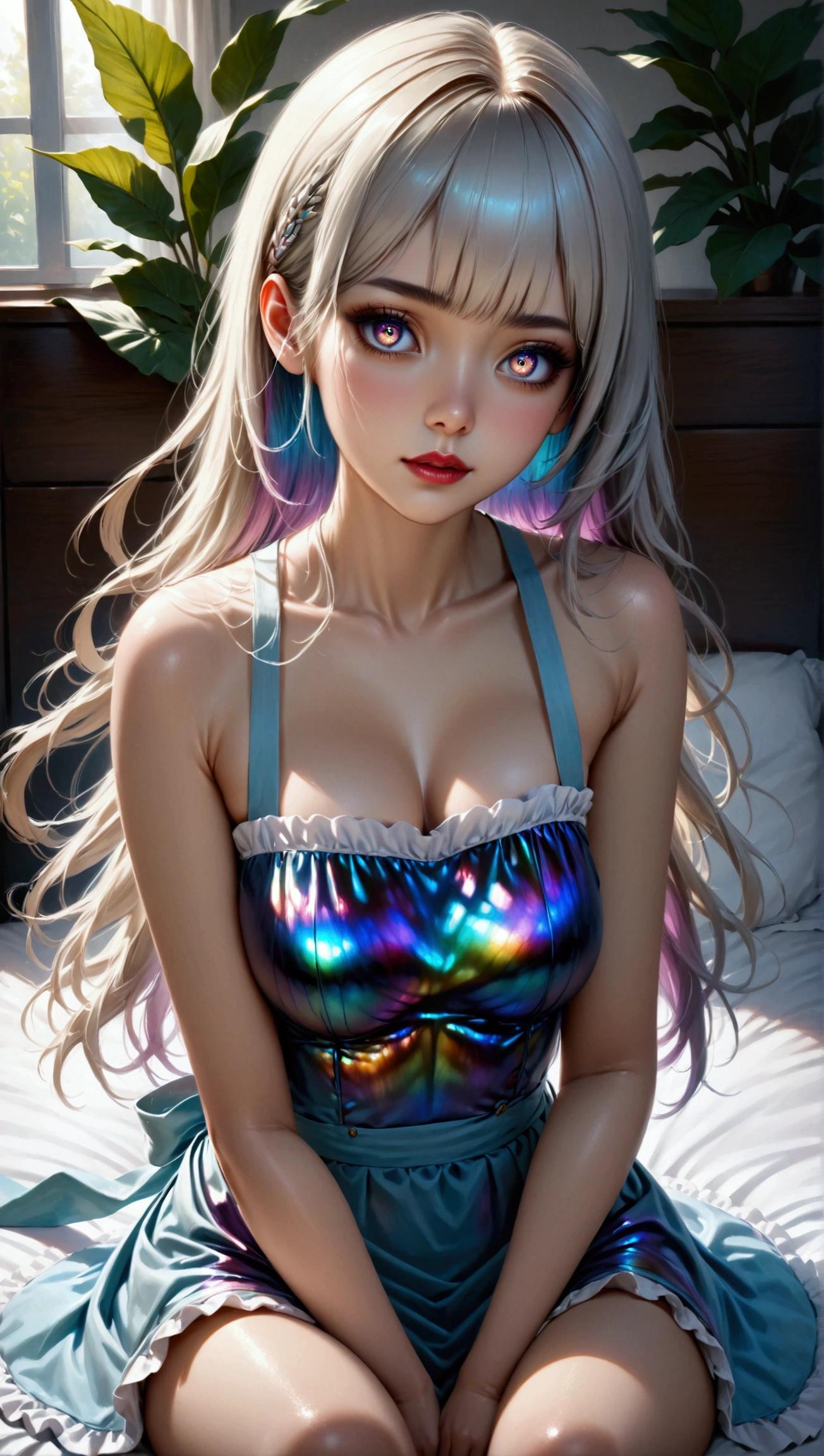 unreal engine:1.4,UHD,Best quality:1.4,Photorealistic:1.4,Skin texture:1.4, Create an extraordinary 8K masterpiece with the facial portrait of an 18-year-old anime girl. She possesses striking blue eyes and long, two-tone light lavender purple hair. Her overall appearance exudes a gamer girl aesthetic, and is dressed in a stylish blue outfit. Place the character inside a room bathed entirely in bright purple neon lights, creating a cyberpunk inspired environment. The entire room should be illuminated with neon purple light, No visible room details except for the vibrant glow. This setting creates a blurred background effect that enhances the overall environment. The character's makeup should be meticulously crafted, with impeccable red lipstick, lashes, and ultra-detailed eyes. Pay special attention to the ultra-detailed face, lips, and the unique hair intakes that make it distinctive. Her very long hair should be a prominent feature in this portrait.............., Enhanced by cinematic lighting to accentuate its eye-catching features. Add a touch of mystique to the artwork by including an ancient scroll with the words 'ME♡XO' written on it, Held or prominently displayed within the composition. This scroll should be a key element of the portrait. The character's eyes should emit a captivating blue glow, aligning perfectly with the gamer theme. The final result should be a true masterpiece, emphasizing amazing details in this 8K facial portrait. It must capture the essence of a unique and stern anime player girl while focusing solely on her face .............., with the entire room illuminated by neon purple light. (Mars Planet Laboratory:1.4) 8k, 。..............................................3D, realistic, Ultra Micro Photography, of the highest quality, Super detail CG Unity 8k, Perfect face