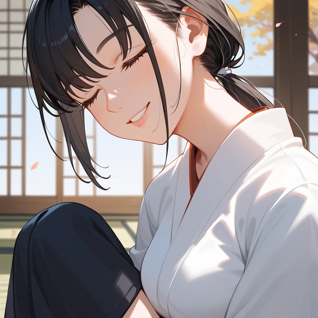 girl,White Japanese dress ,thin,smile,Bangs,Brown-black hair,Have a moleใต้ตา, Long Sleeve Shirt,puberty ,smileอ่อน,sit, black undershirt,Low ponytail,Mother,Have a mole, black background,sitบนเก้าอี้ไม้, without eyes,Kimono set, close their eyes,close eyes