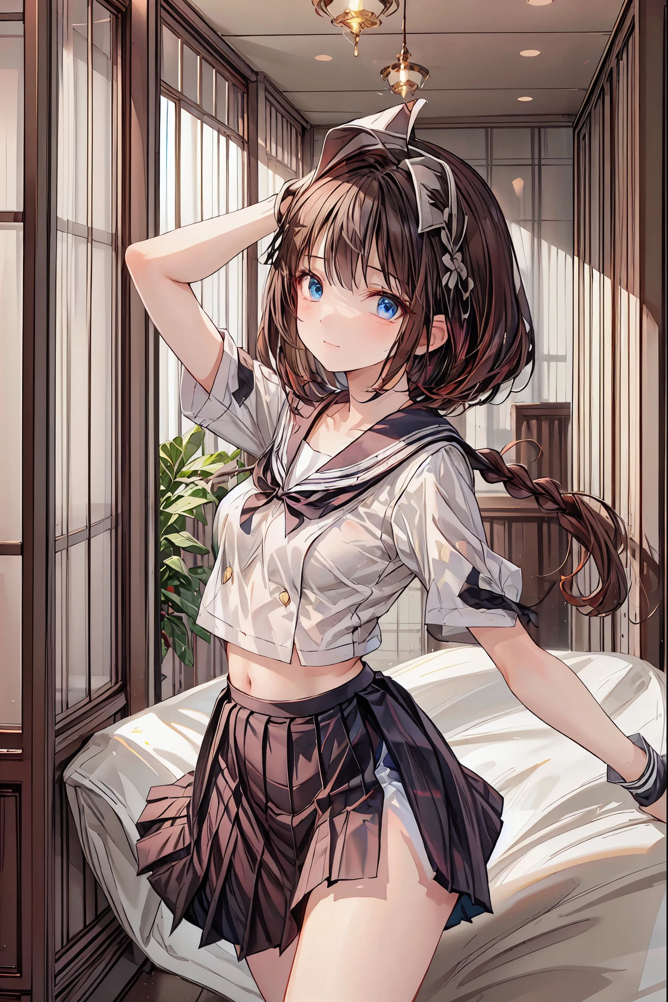 (8k、  highest image quality taken by Ki 、 top quality 、masterpiece)、 detailed face 、(( two girls))、((Twins))、Improve、 black hair、 twin tails、blunt bangs、 light blue eyes 、(( small breasts))、(( white shirt))、((Open the clothes))、(( black pleated skirt))、(( miniskirt))、 cowboy carrying bodies shot 、Under the arms、 sit on the bed、Take a photo from the front、Bedroom Background、Brown Hair， shortcuts， Unkempt Hair ，Short braided hair，Neat， slender beautiful woman，Correct posture，Small chest， beautiful legs， enchanting gray-blue eyes shine like stars，Droopy eyes， brightly colored , beautiful eyes,A delicate smile,Textured Skin, best quality best , gentle and beautiful woman , anime style､