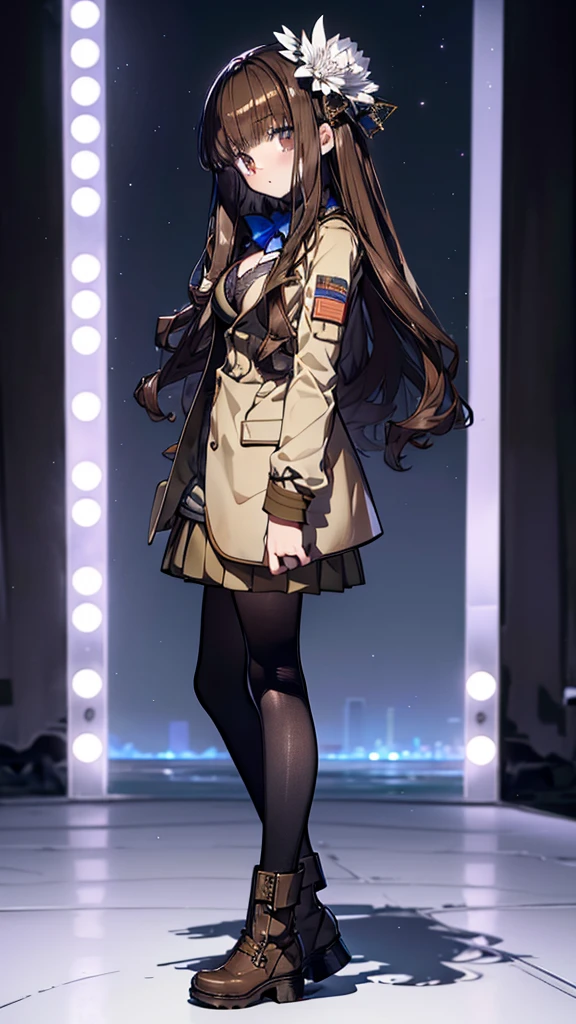 (((full body))),masterpiece，Best quality in best， 1 girl，solo，, blue bowtie, blue bow, brown skirt, brown jacket, black pantyhose, school uniform,long白いhair，lookingin_in_peeping in the viewer，前hairin，Simple_background，length_sleeve ，hair_ between_eye，closure_mouth， black and white， upper body，background，（（masterpiece））， （（ best quality））， （ Amazing Designer ）， （ Best Artist）， （Best Illustrined Landscape）， （ Best Performance ）， （4K Full HD）， （ high res+）， （ 1 girl,（long）白いhair， （きらめく黄色のeye）， On the Side of the Scenery （Amazing Cleavage）星のnight空の絵画、 Art and Film Tones -- Mina Pastel Style -- v5 （anime illustrined）,night， sandy beach，Upright feinher headdress， clock， boots， small，black tights