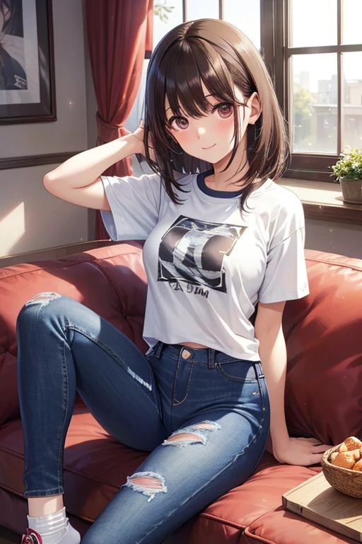 anegasaki nene、 shiny maroon hair,  short hair, ( brown pretty eyes 、 sparkling eyes , Fine grain)、smile、 super detailed eyes、 very detailed face,  very detailed eyes,cowboy shot、



 indoor,  living room,  window, 
 1 girl, Alone, (T-Shirts,  skinny jeans:1.3),  Long Sleeve ,  medium breasts,  black hair,  long hair, Floating Hair,  bob hair, (beautiful innocent girl with ankle socks :1.3),  brown eyes, (On the sofa,  sitting:1.3), ( crosses legs:1.2), break, (Tone Jeans:1.3), ( abs, belly button, :0.8),  raises arms,  skinny, slender, nsfw