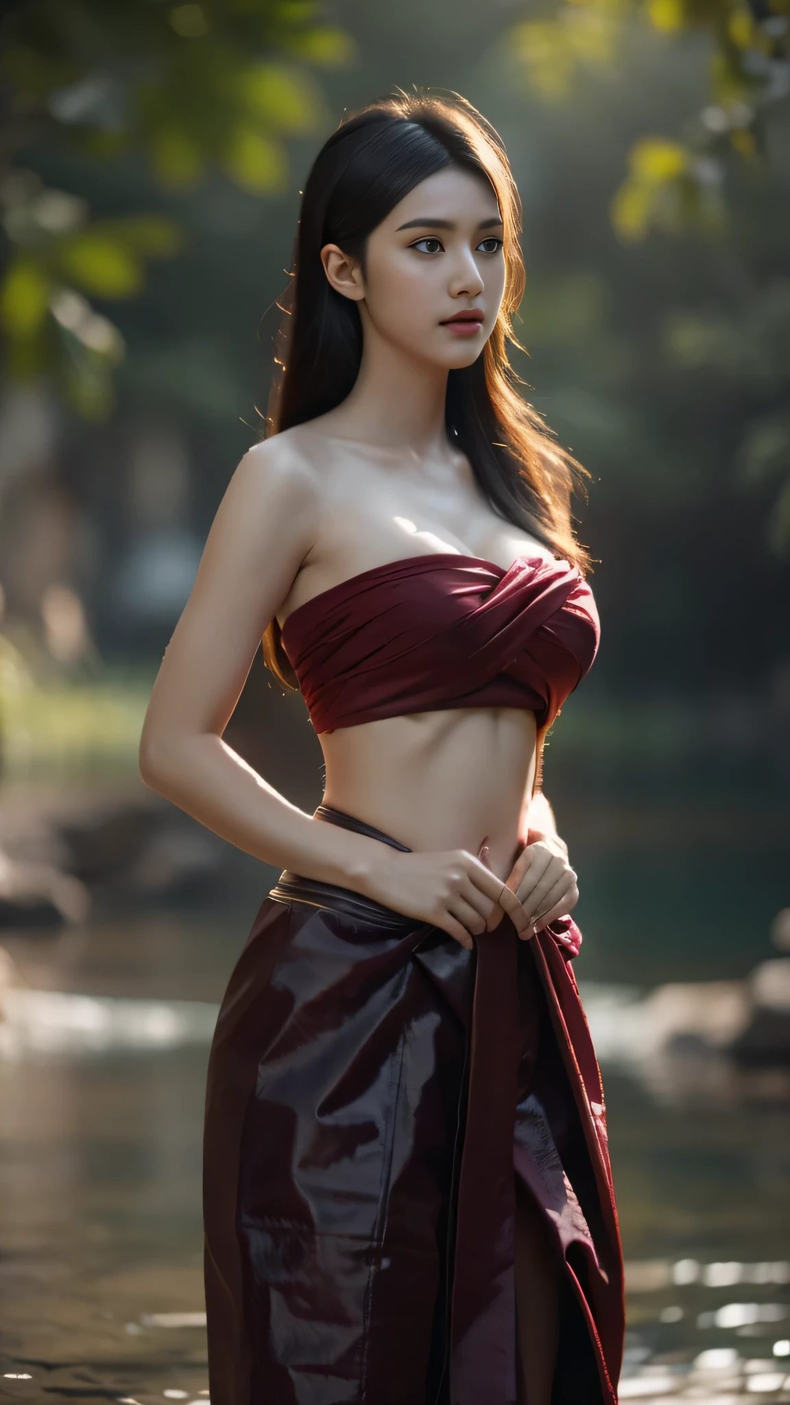  pretty girl , Thai Women&#39;warrior, walking at thai measure,  changed stance , Thai conversation set,  Sleeveless Top, Long hair,black eyes, abdominal muscles , , plump body , Round chest, ( big breasts:1.3), Crack,  Morning Sun, Staring at the audience, ( Sexy Gesture), ((face details)), Double eyelids, . That's done. ,  , sexy underwear and stockings  ,  masterpieces ,  top quality , Reflection, Shade, old measure, measure, [[ color discrepancy ]], โดย Jeremy Lipking,  by Antonio J ... Manzanedo,  digital painting , HDR, high contrast
