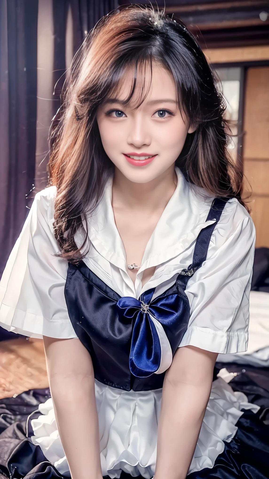 (top-quality、masutepiece、超A high resolution)、(Looking at the camera、Kamimei:1.2、a smile:1.5)、(Semen、a wet body:1.4)、inside in room、a beauty girl、a blond、bangss、Medium hair、cleavage of the breast、kawaii faces、Beautiful eyes、((hi-school girl、a sailor suit、skirt by the、Black knee-high socks))