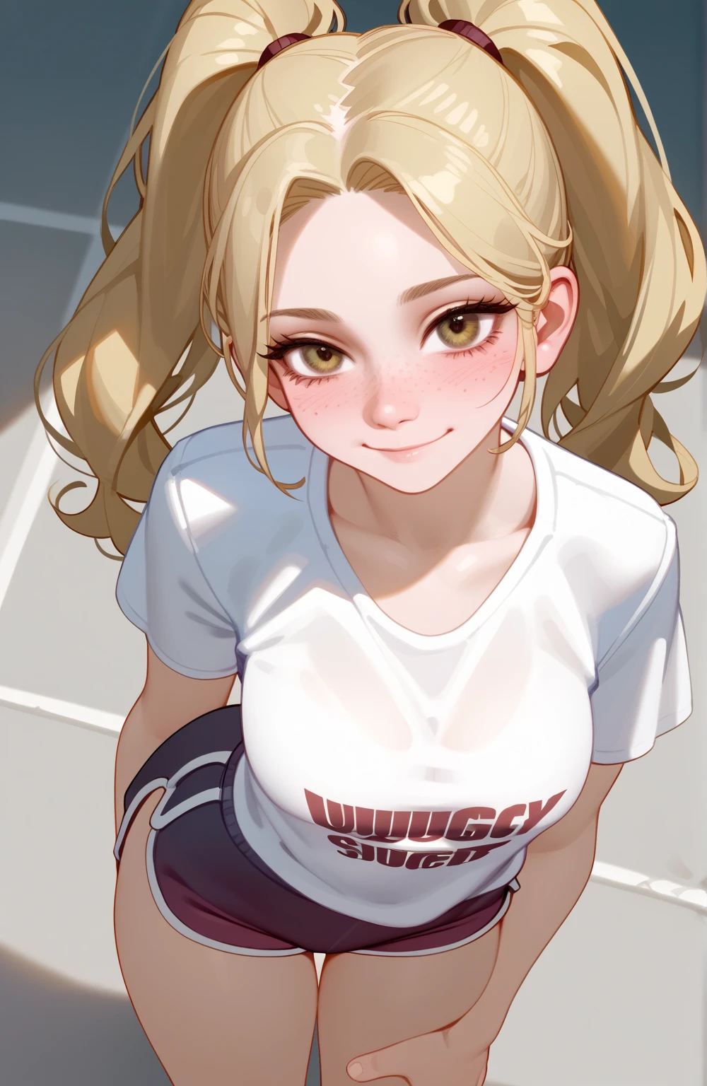 score_9,score_8_above,score_7_above,score_6_above,score_5_above,score_4_above,1 ,   beautiful,  shy smile,  blonde hair, in ponytails, pale skin, highly detailed face, cute nose, seductive, freckles,  t-shirt,  sports shorts,large bust,  wide hips , big ass,bubble butt,athletic legs,Juicy,warm,lust,seductive sexual pose,  uncensored 
