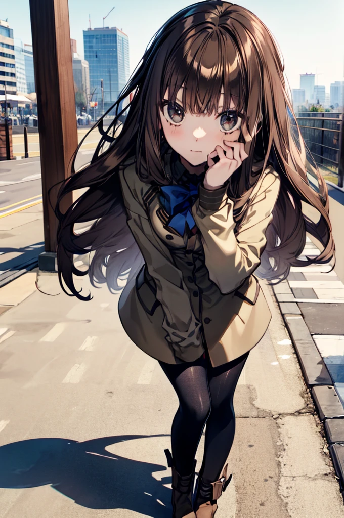 (((full body))),masterpiece，Best quality in best， 1 girl，solo，, blue bowtie, blue bow, brown skirt, brown jacket, black pantyhose, school uniform,long白いhair，lookingin_in_peeping in the viewer，前hairin，Simple_background，length_sleeve ，hair_ between_eye，closure_mouth， black and white， upper body，background，（（masterpiece））， （（ best quality））， （ Amazing Designer ）， （ Best Artist）， （Best Illustrined Landscape）， （ Best Performance ）， （4K Full HD）， （ high res+）， （ 1 girl,（long）白いhair， （きらめく黄色のeye）， On the Side of the Scenery （Amazing Cleavage）星のnight空の絵画、 Art and Film Tones -- Mina Pastel Style -- v5 （anime illustrined）,night， sandy beach，Upright feinher headdress， clock， boots， small，black tights