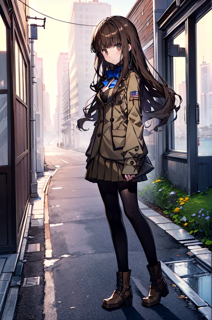 (((full body))),masterpiece，Best quality in best， 1 girl，solo，, blue bowtie, blue bow, brown skirt, brown jacket, black pantyhose, school uniform,long白いhair，lookingin_in_peeping in the viewer，前hairin，Simple_background，length_sleeve ，hair_ between_eye，closure_mouth， black and white， upper body，background，（（masterpiece））， （（ best quality））， （ Amazing Designer ）， （ Best Artist）， （Best Illustrined Landscape）， （ Best Performance ）， （4K Full HD）， （ high res+）， （ 1 girl,（long）白いhair， （きらめく黄色のeye）， On the Side of the Scenery （Amazing Cleavage）星のnight空の絵画、 Art and Film Tones -- Mina Pastel Style -- v5 （anime illustrined）,night， sandy beach，Upright feinher headdress， clock， boots， small，black tights