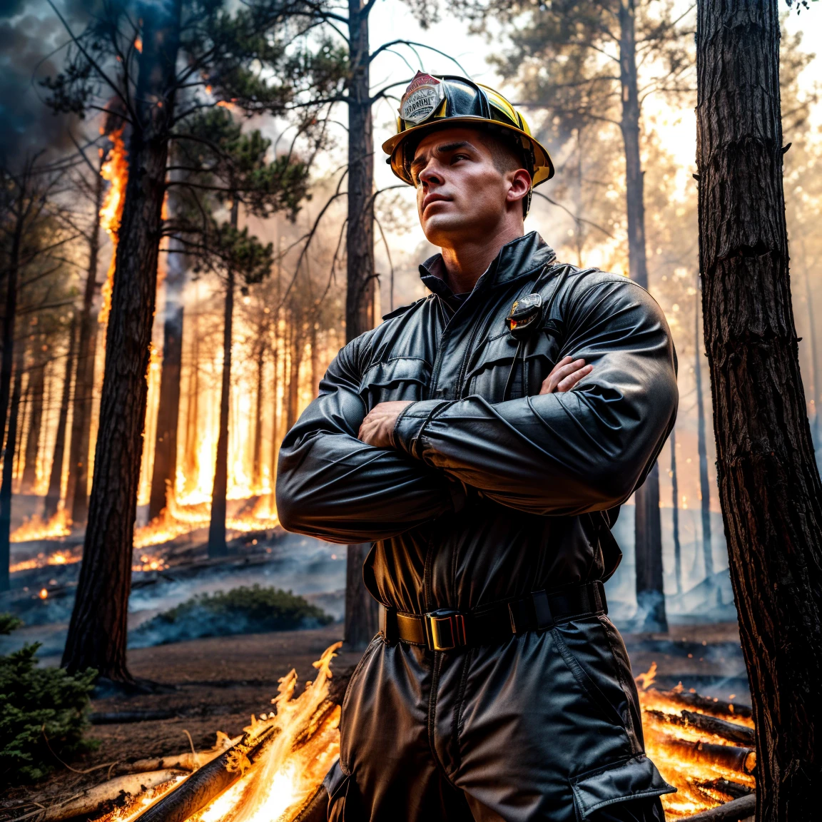 buzz cut, beard, looking at viewer, realistic eyes, black, very dark skin, manly, muscular, bara, ((firefighter, firefighter costume)), burning woods background, | (masterpiece, best quality:1.2), solo, retina, UHD, anatomically correct, textured skin, super detail, high details, high quality, award winning, best quality, highres, 16k, realistic, cinematic lighting, soft shadow, insane detail, detailed background, professional photography, depth of field, intricate, detailed face, subsurface scattering,
 <lora:Add More Details:0.8> <lora:Concept Perfect Eyes:0.8>  <lora:GKBRez:1>