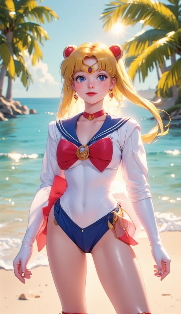 Create a photo of Sailor Moon in a one-piece bikini with her iconic colors: a white top with blue and red accents, red shoes, and a red bow at the chest. She is standing on the edge of a tropical beach, with lush palm trees and crystal-clear water in the background. The atmosphere is sunny and relaxing, with Sailor Moon striking a confident and joyful pose, her blonde hair flowing in the breeze. The vibrant tropical scene complements her lively and playful expression