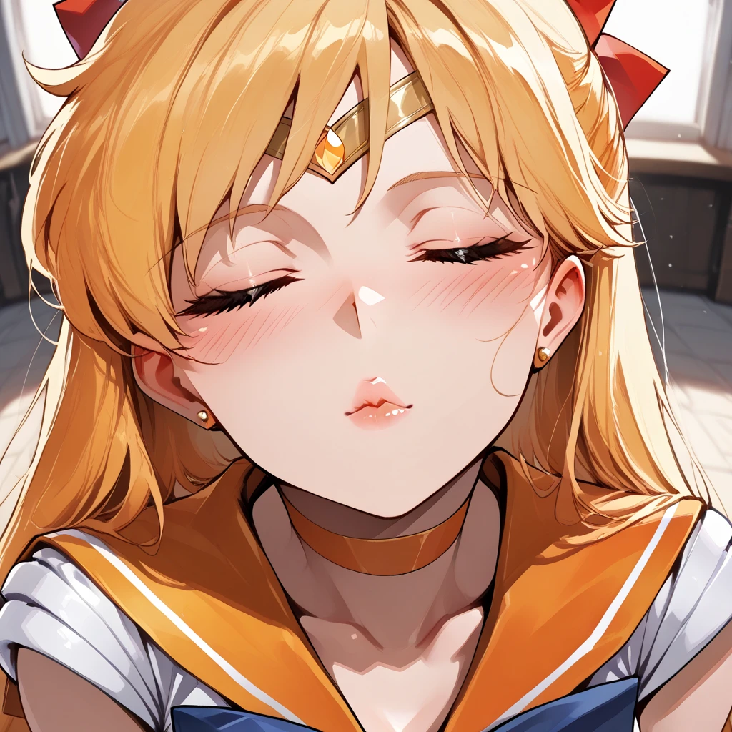 (masterpiece, best quality, high resolution, 8k) , from front, (Sailor Venus), close up eyes, (((((kissing to viewer))))), blush, closed eyes