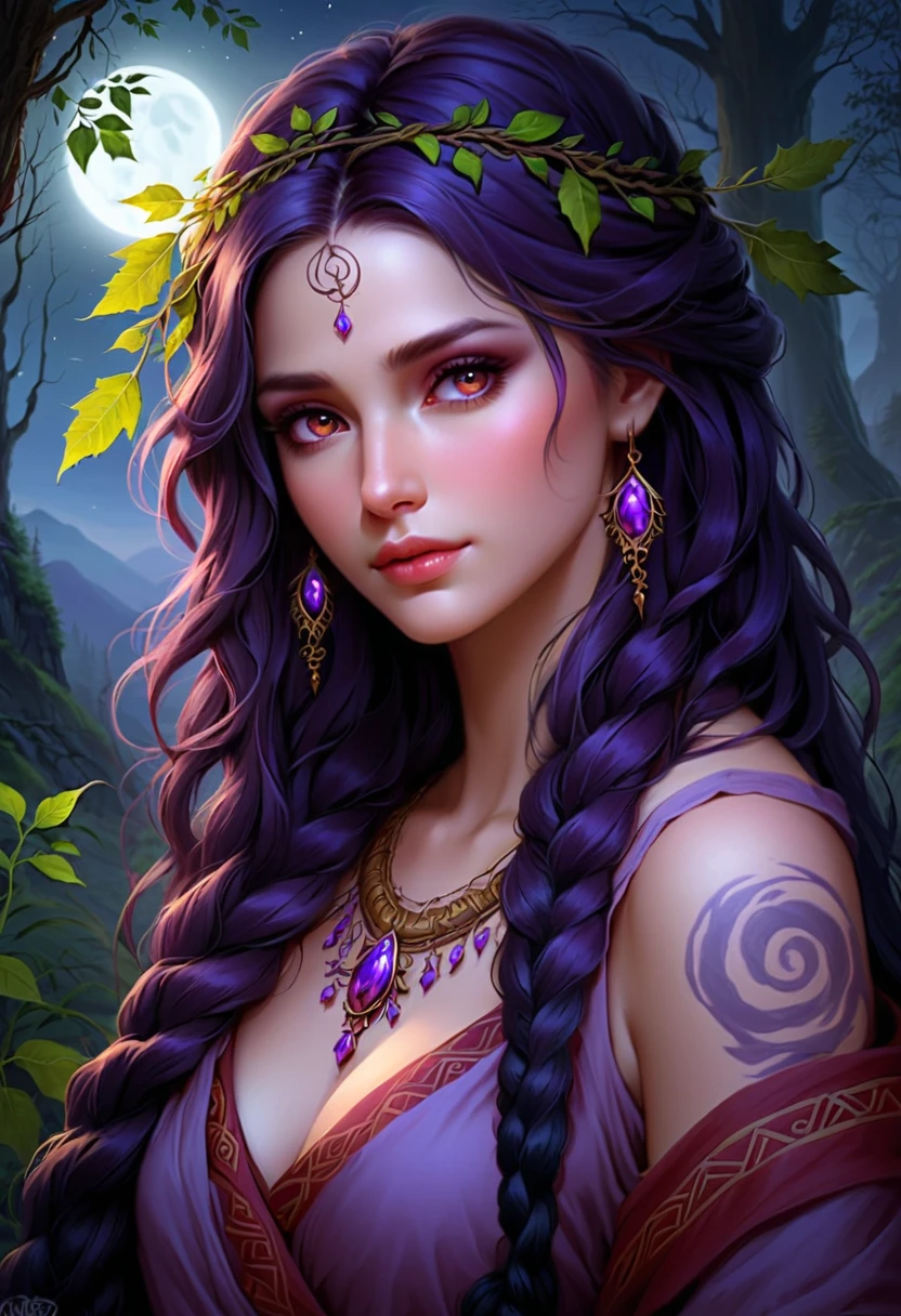 The face of a Druid girl, a masterpiece of mystical heritage, with piercing honey eyes that seem to hold secrets from ancient tomes and whispers of forgotten traditions. messy dark hair, illuminated under the soft, ethereal light of dusk, inviting us into her mystical realm. Her braids are a rich tapestry of deep plum and lavender hues, cascading down her back like a moonlit silk waterfall, each strand seemingly infused with an otherworldly essence that makes it sparkle and shine. The surrounding environment is a testament to the young woman's connection with nature – vibrant wildflowers and leaves sway gently in the breeze, their colors mirror the rich tones of her hair, while delicate vines and leaves twine around her form as than to protect this precious jewel from the outside. world. In the background, a majestic tree rises towards the sky, its branches dry and twisted with age, but exuding an aura of wisdom that seems to harmonize with the girl's mystical energy. The atmosphere is alive with a soft, luminescent glow, as if the very essence of magic has been distilled in this moment. The glow of the moonlight on her face, her face and skin tattooed in intricate symbols and Runes, and the gentle rustling of the leaves in the breeze conspire to create an environment of serenity, inviting us to enjoy the tranquility that permeates this enchanted world.