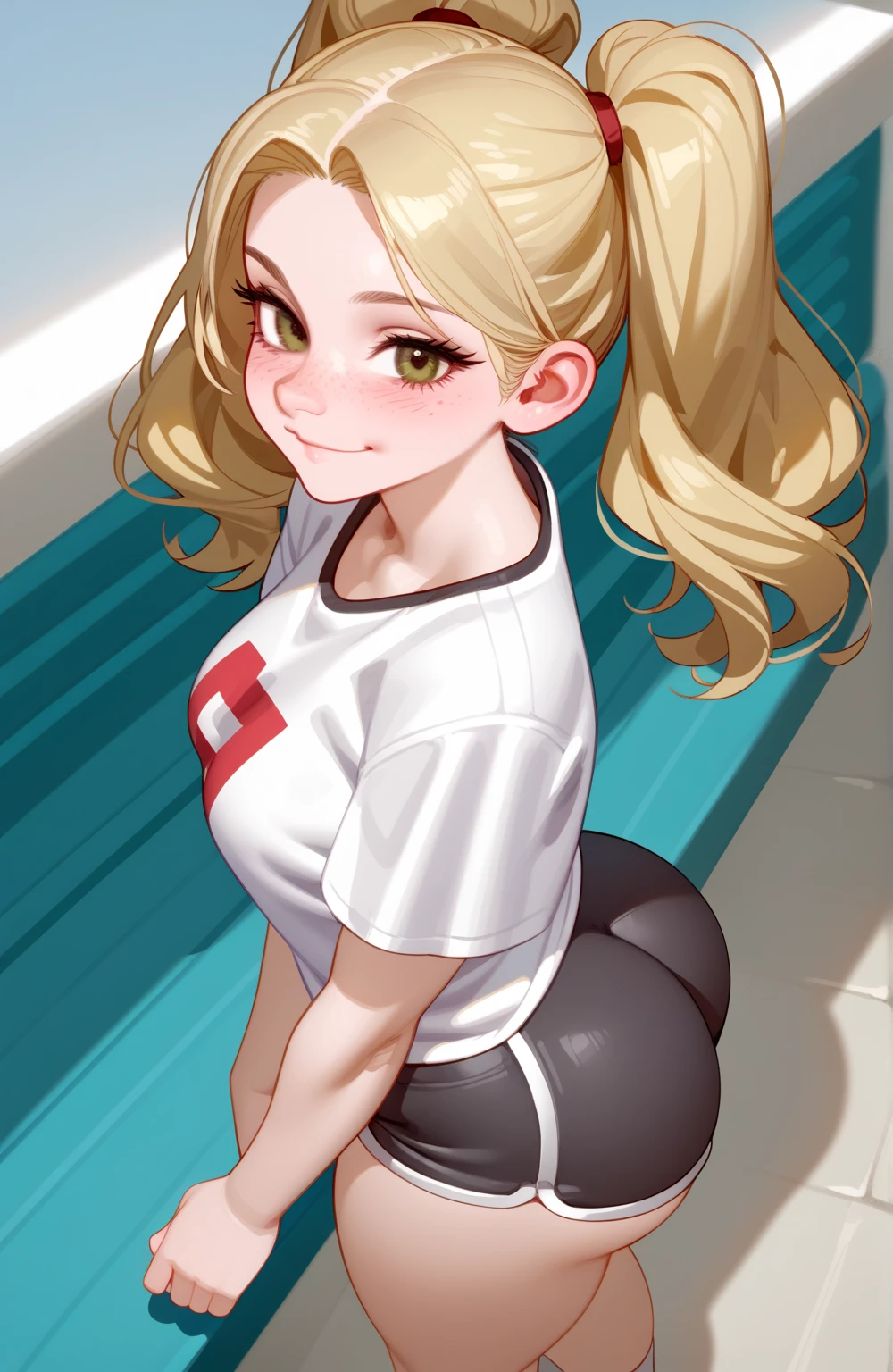 score_9,score_8_above,score_7_above,score_6_above,score_5_above,score_4_above,1 ,   beautiful,  shy smile,  blonde hair, in ponytails, pale skin, highly detailed face, cute nose, seductive, freckles,  t-shirt,  sports shorts,large bust,  wide hips , big ass,bubble butt,athletic legs,Juicy,warm,lust,seductive sexual pose,  uncensored 
