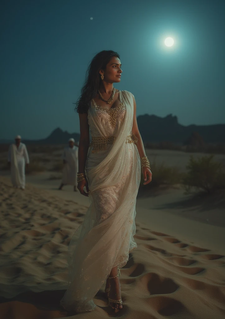 Indian woman (top model, age 25, many fine layers of airy sheer fabric, Arabian princess) walking through the desert at night. Bodyguards flank her.
