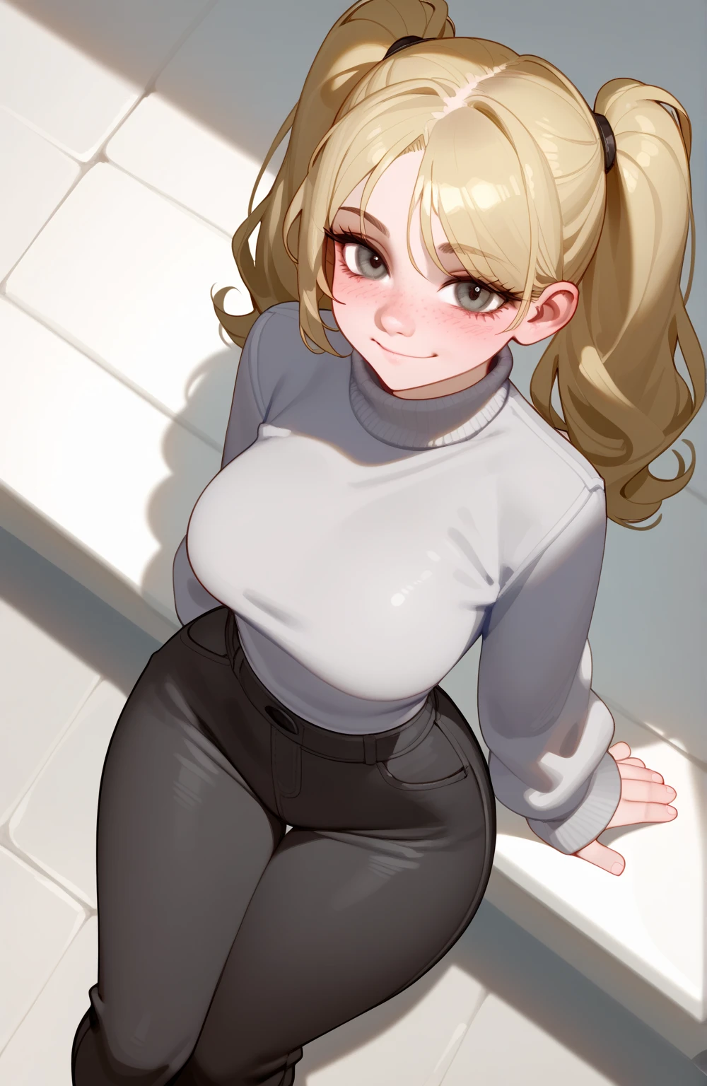 score_9,score_8_above,score_7_above,score_6_above,score_5_above,score_4_above,1 ,   beautiful,  shy smile,  blonde hair, in ponytails, pale skin, highly detailed face, cute nose, seductive, freckles, gray turtleneck ,  black pants  ,large bust,  wide hips , big ass,bubble butt,athletic legs,Juicy,warm,lust,seductive sexual pose,  uncensored 
