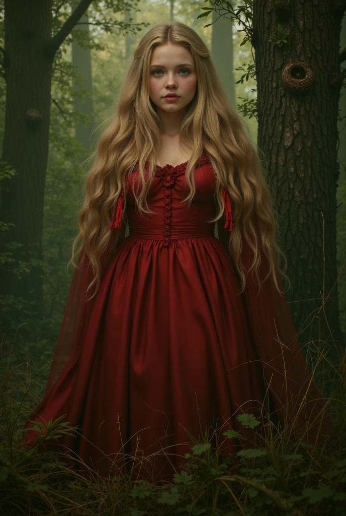 (( RAW photo), absurdo,   VERY pretty blonde TEENAGER with a sexy and mysterious touch of a 15-year-old Red Riding Hood, her red costume shines as if she were a FAIRY ,  general plan full body  ( absurd resolution)),  masterpiece,  best quality ( Extremely detailed 8k unit CG wallpaper ), (mejor ilustración), (Better shadow),  Realistic lighting,  detailed and beautiful brightness , She has one leg raised in a sexy way while tiptoeing looking at a bird's nest on the trunk of a tree