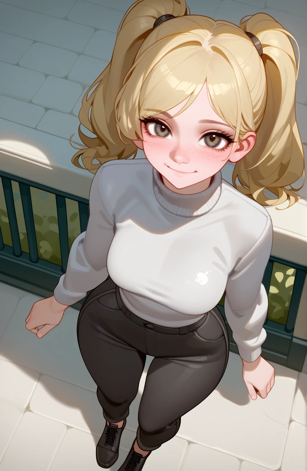 score_9,score_8_above,score_7_above,score_6_above,score_5_above,score_4_above,1 ,   beautiful,  shy smile,  blonde hair, in ponytails, pale skin, highly detailed face, cute nose, seductive, freckles, gray turtleneck ,  black pants  ,large bust,  wide hips , big ass,bubble butt,athletic legs,Juicy,warm,lust,seductive sexual pose,  uncensored 
