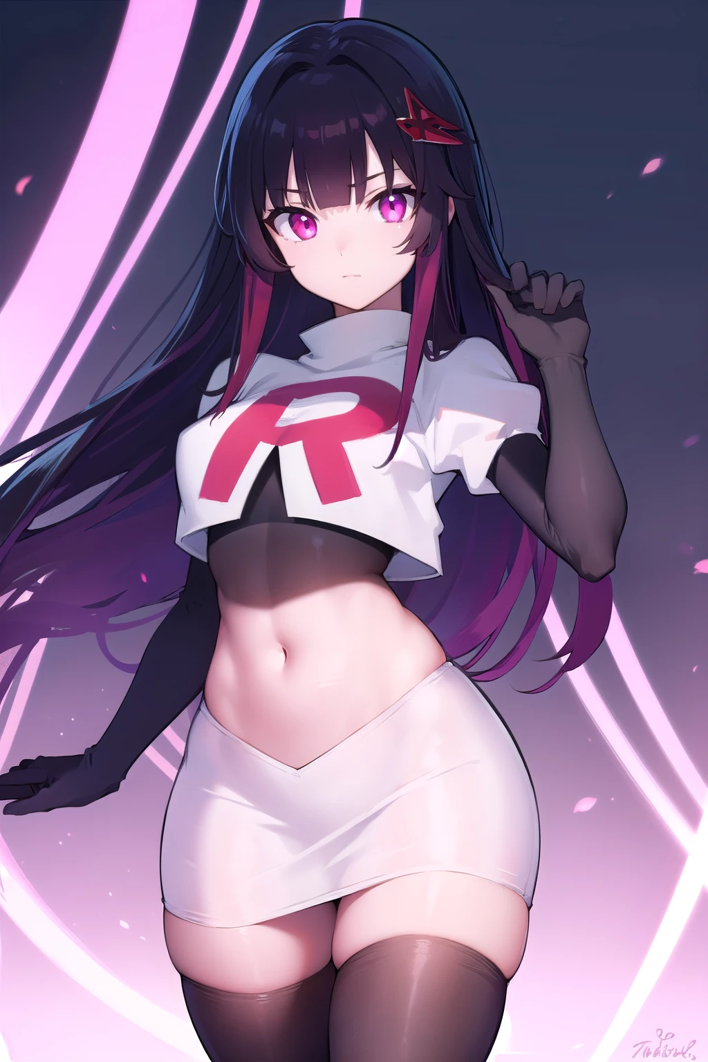 honkaisparkle, black hair, colored inner hair, glasses, hair intakes, hair ornament, hairclip, long hair, multicolored hair, (pink eyes:1.3), purple hair, straight hair, 
BREAK team rocket,team rocket uniform,white skirt,red letter R,crop top,black thigh-highs,black elbow gloves,
BREAK looking at viewer, cowboy shot,
BREAK (masterpiece:1.2), best quality, high resolution, unity 8k wallpaper, (illustration:0.8), (beautiful detailed eyes:1.6), extremely detailed face, perfect lighting, extremely detailed CG, (perfect hands, perfect anatomy),