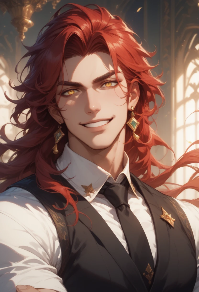 (score_9, score_8_up), score_7_up, masterpiece, high resolution, top quality, exquisite, unique, 1 male, mature handsome guy, long red hair, long hair, yellow eyes, smile, black tie, black earrings, shirt, vest