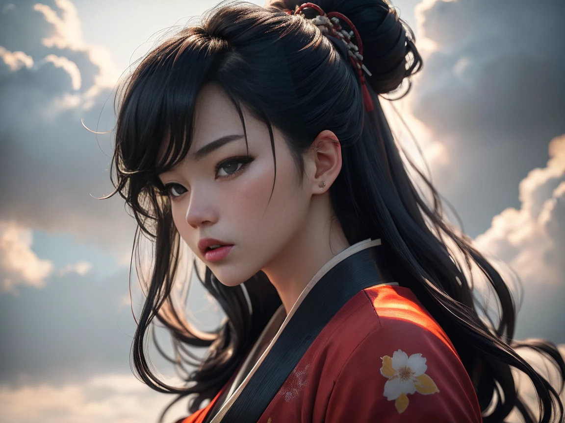   Close-up from waist to head:
  A beautiful young Korean woman .
 black hair, seeds, Foot-length , bangs covering the forehead.
 honey-colored eyes , expressive, obfuscating, bioluminescentes. 
 Medium and pointed breasts . 
 fine winding.
Dressed in a modern samurai outfit, with cloud print .
in battle pose.
profile view.
 simple background , matte, red in color.
(anime style 32K, 3d, HDR, UHD, intricate detail, extremely intricate detail, hyperrealistic, extremely realistic, high quality,    vivid color   , extremely detailed).