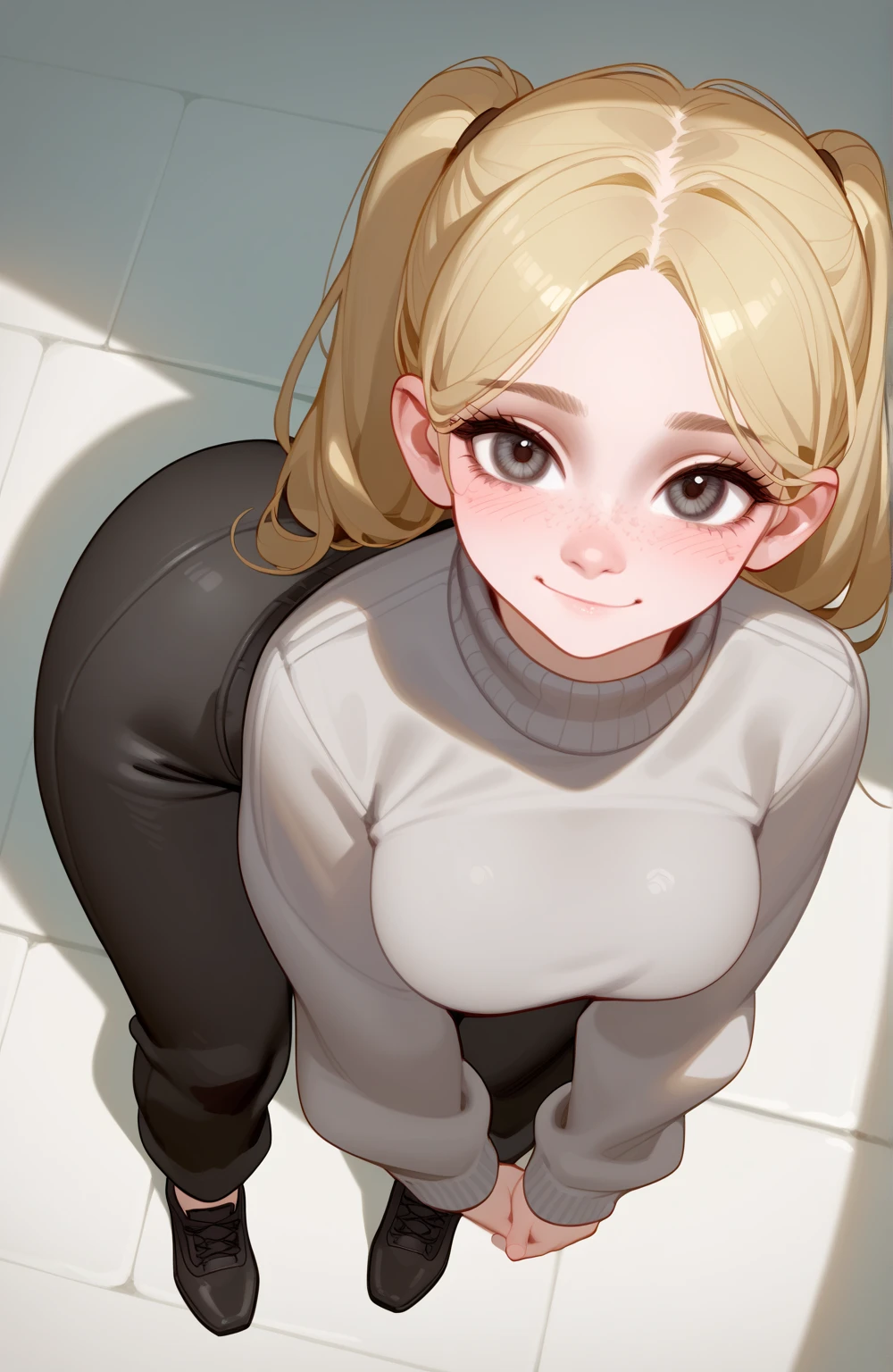 score_9,score_8_above,score_7_above,score_6_above,score_5_above,score_4_above,1 ,   beautiful,  shy smile,  blonde hair, in ponytails, pale skin, highly detailed face, cute nose, seductive, freckles, gray turtleneck ,  black pants  ,large bust,  wide hips , big ass,bubble butt,athletic legs,Juicy,warm,lust,seductive sexual pose,  uncensored, turning of the coast
