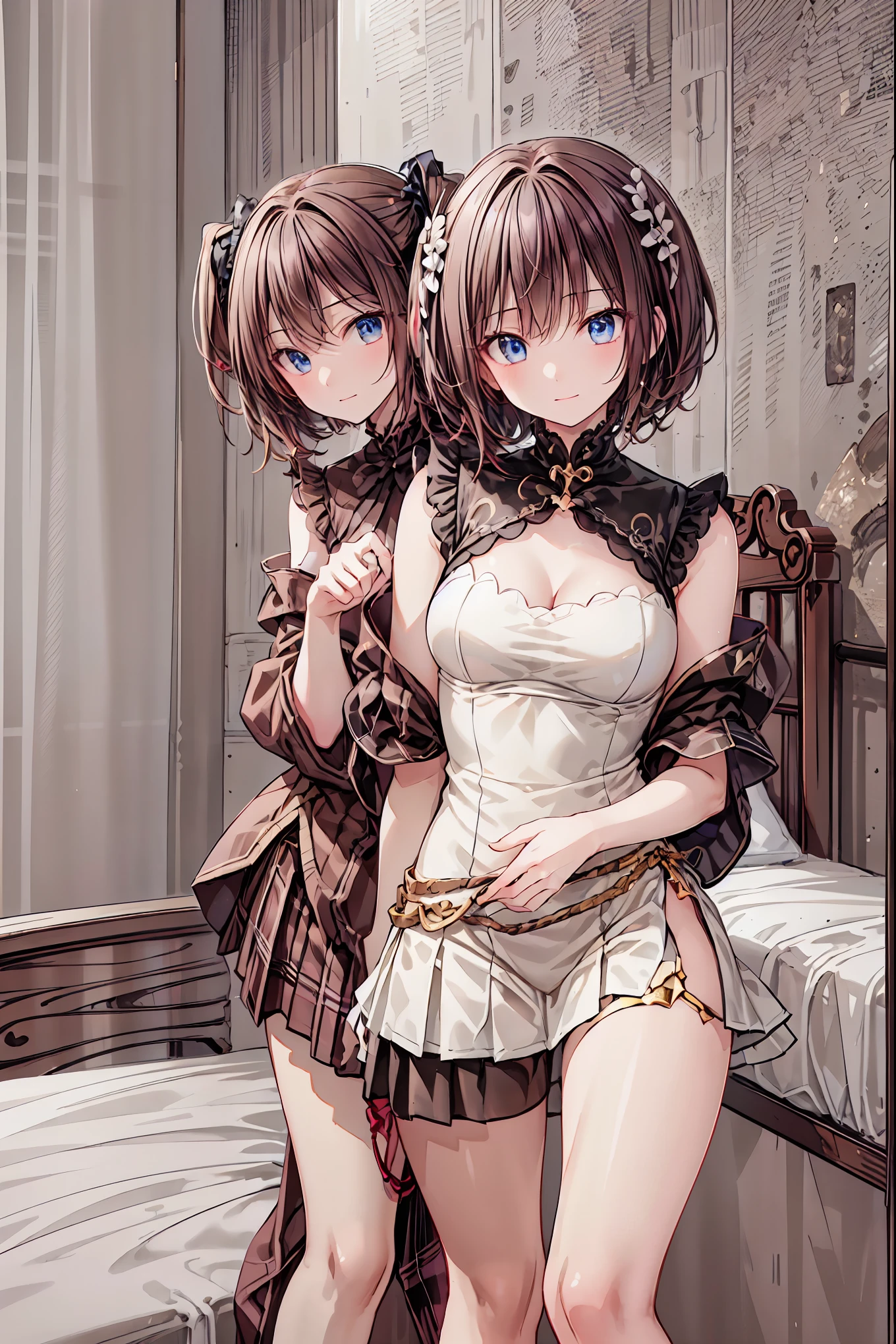 (8k、 highest image quality taken by Ki 、 top quality 、masterpiece)、 detailed face 、(( two girls))、((Twins))、Improve、 black hair、 twin tails、blunt bangs、 light blue eyes 、(( small breasts))、(( white shirt))、((Open the clothes))、(( black pleated skirt))、(( miniskirt))、 cowboy carrying bodies shot 、Under the arms、 sit on the bed、Take a photo from the front、Bedroom Background、Brown Hair, shortcuts, Unkempt Hair ,Short braided hair,Neat, slender beautiful woman,Correct posture,Small chest, beautiful legs, enchanting gray-blue eyes shine like stars,Droopy eyes, brightly colored , beautiful eyes,A delicate smile,Textured Skin, best quality best , gentle and beautiful woman , anime style、