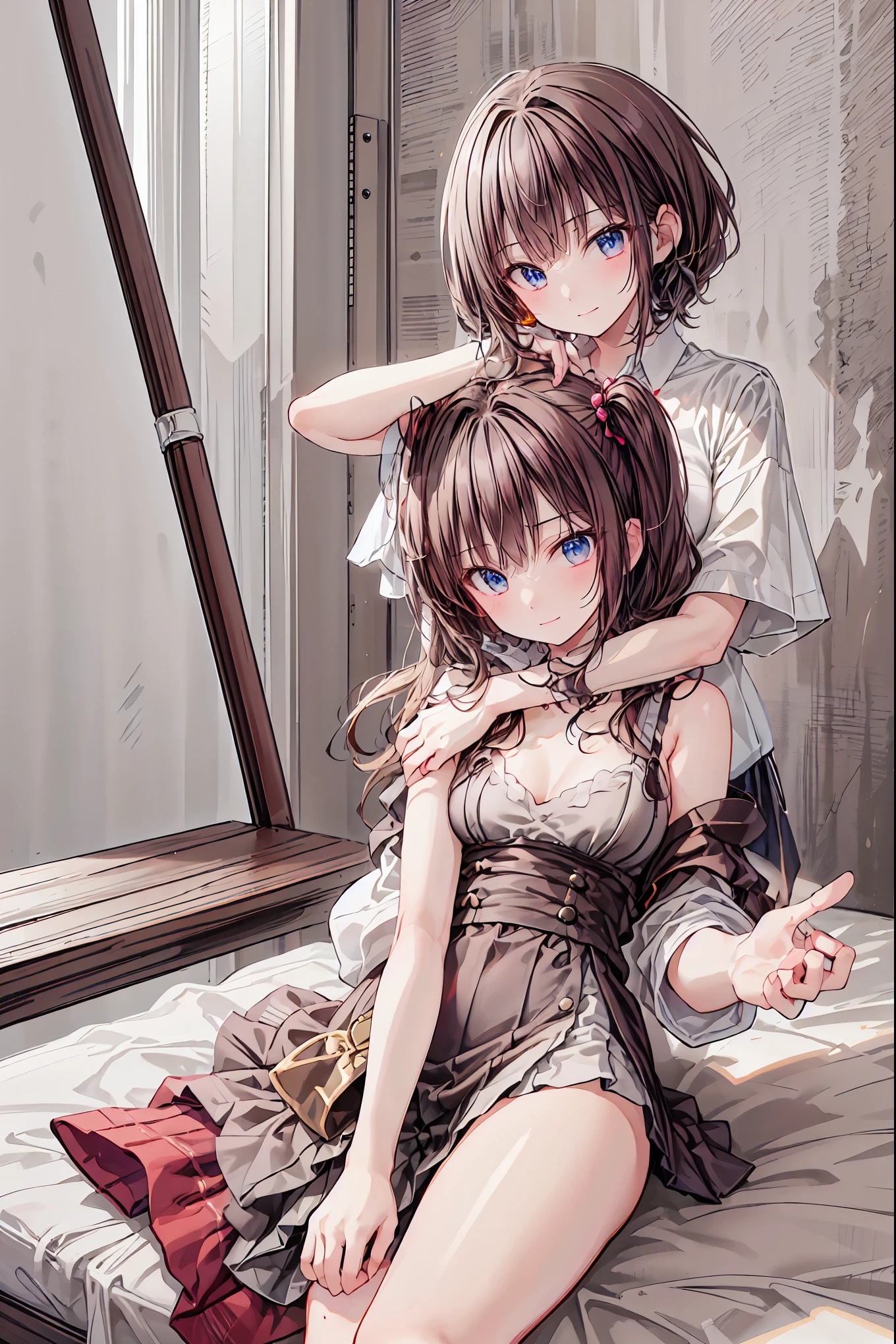 (8k、 highest image quality taken by Ki 、 top quality 、masterpiece)、 detailed face 、(( two girls))、((Twins))、Improve、 black hair、 twin tails、blunt bangs、 light blue eyes 、(( small breasts))、(( white shirt))、((Open the clothes))、(( black pleated skirt))、(( miniskirt))、 cowboy carrying bodies shot 、Under the arms、 sit on the bed、Take a photo from the front、Bedroom Background、Brown Hair, shortcuts, Unkempt Hair ,Short braided hair,Neat, slender beautiful woman,Correct posture,Small chest, beautiful legs, enchanting gray-blue eyes shine like stars,Droopy eyes, brightly colored , beautiful eyes,A delicate smile,Textured Skin, best quality best , gentle and beautiful woman , anime style、