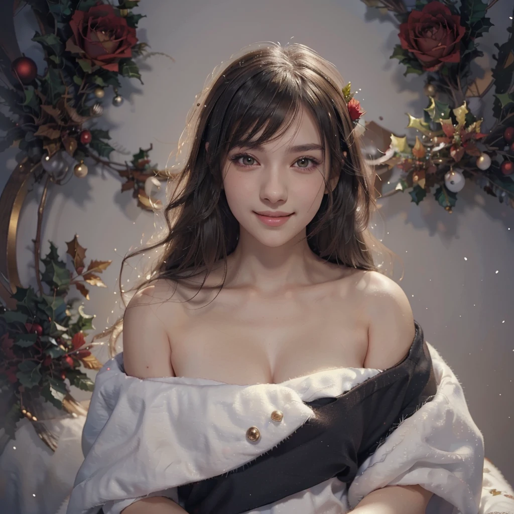    long black hair and red rose anime girl in Santa Claus costume , Gwaiz, Gwaiz on pixiv artstation,     Popular Detailed Digital Christmas Animation Art  ,    beautiful anime girl showing bare skin  , Gwaiz on artstation pixiv,    Anime Style 4k  , everyone, beautiful anime portrait,     Christmas Portrait Anime Girl Details     ,     BEAUTIFUL ANIME WOMEN    ,  Detailed Christmas anime art high resolution   ,    anatomically correct,   smile, 