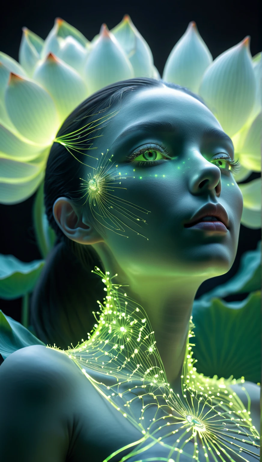 high resolution, Super detailed, (1 girl:1.3),(lotus)
BREAK Sun exposure, reverberation, Experimental photography, surreal contrast, Eye-catching visuals, Artistic abstraction,
Break the art of cutting, layered silhouette, complex patterns, exquisite craftsmanship, shadow play, Depth and size, creative expression,
break art, Frozen sculpture, translucent forms, short-lived beauty, Crystal structure, exquisite craftsmanship, impressive,
break green eye,body glow,Glowing lines,fluorescence,glow example,Example tracking,flash,萤light particles,Backlight,Translucent,light particles
