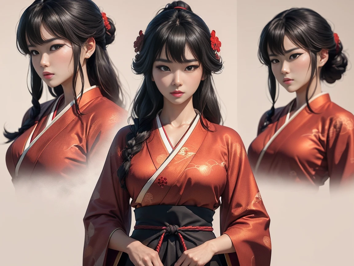   Close-up from waist to head:
  A beautiful young Korean woman .
 black hair, seeds, Foot-length , bangs covering the forehead.
 honey-colored eyes , expressive, obfuscating, bioluminescentes. 
 Medium and pointed breasts . 
 fine winding.
Dressed in a modern samurai outfit, with cloud print .
in battle pose.
profile view.
 simple background , matte, red in color.
(anime style 32K, 3d, HDR, UHD, intricate detail, extremely intricate detail, hyperrealistic, extremely realistic, high quality,    vivid color   , extremely detailed).