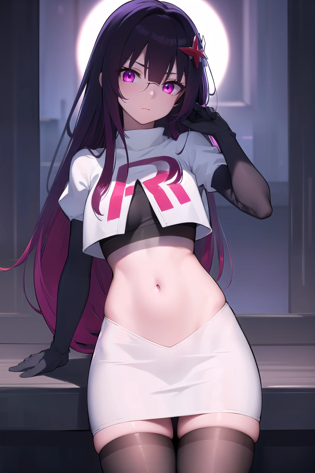 honkaisparkle, black hair, colored inner hair, glasses, hair intakes, hair ornament, hairclip, long hair, multicolored hair, (pink eyes:1.3), purple hair, straight hair, 
BREAK team rocket,team rocket uniform,white skirt,red letter R,crop top,black thigh-highs,black elbow gloves,
BREAK looking at viewer, cowboy shot,
BREAK (masterpiece:1.2), best quality, high resolution, unity 8k wallpaper, (illustration:0.8), (beautiful detailed eyes:1.6), extremely detailed face, perfect lighting, extremely detailed CG, (perfect hands, perfect anatomy),